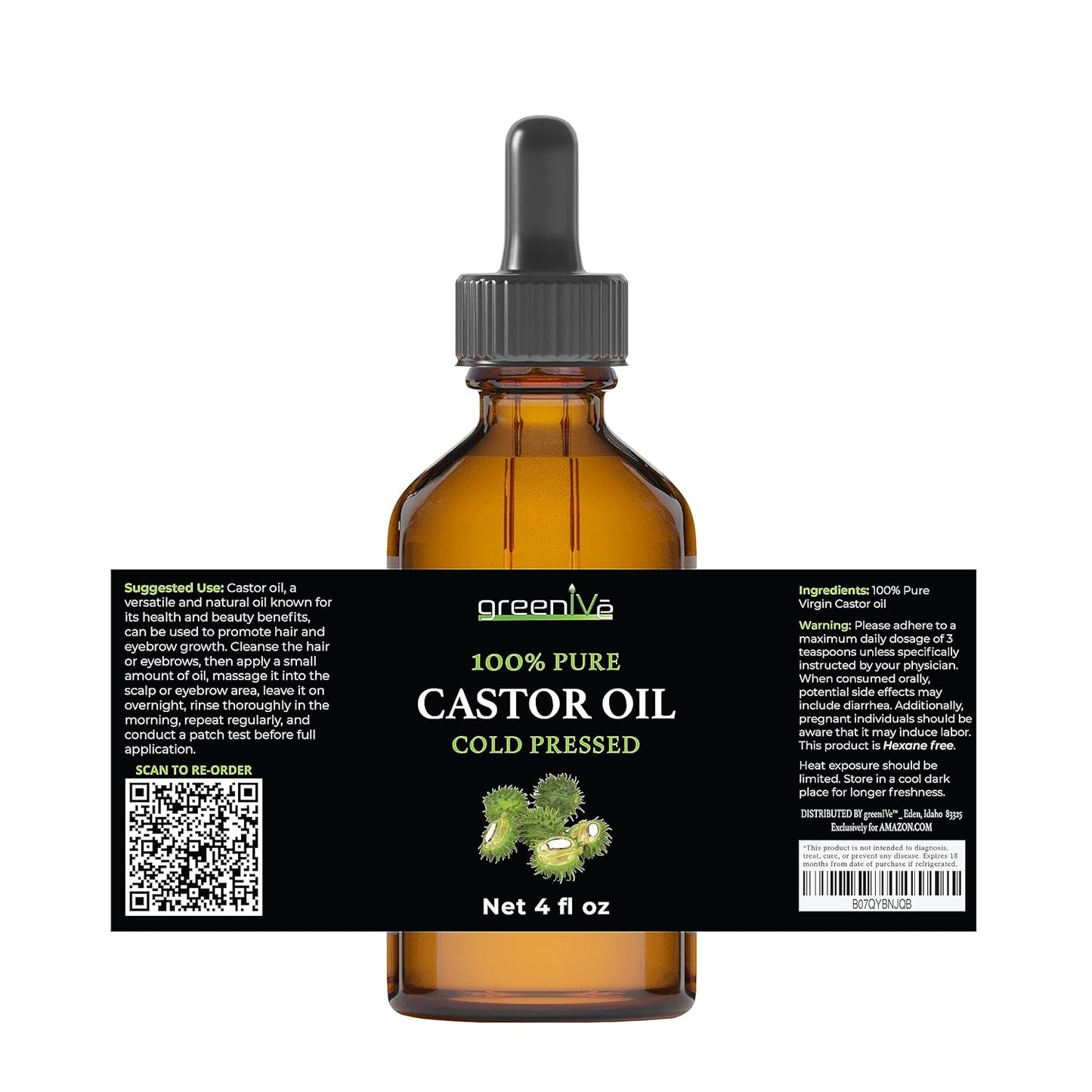 GreenIVe 100% Pure Castor Oil – Cold-Pressed, Hexane-Free – Hair, Eyebrows, Eyelashes, Skin Moisturizer, Castor Pack Wrap Oil Glass Bottle (4 Fl oz)