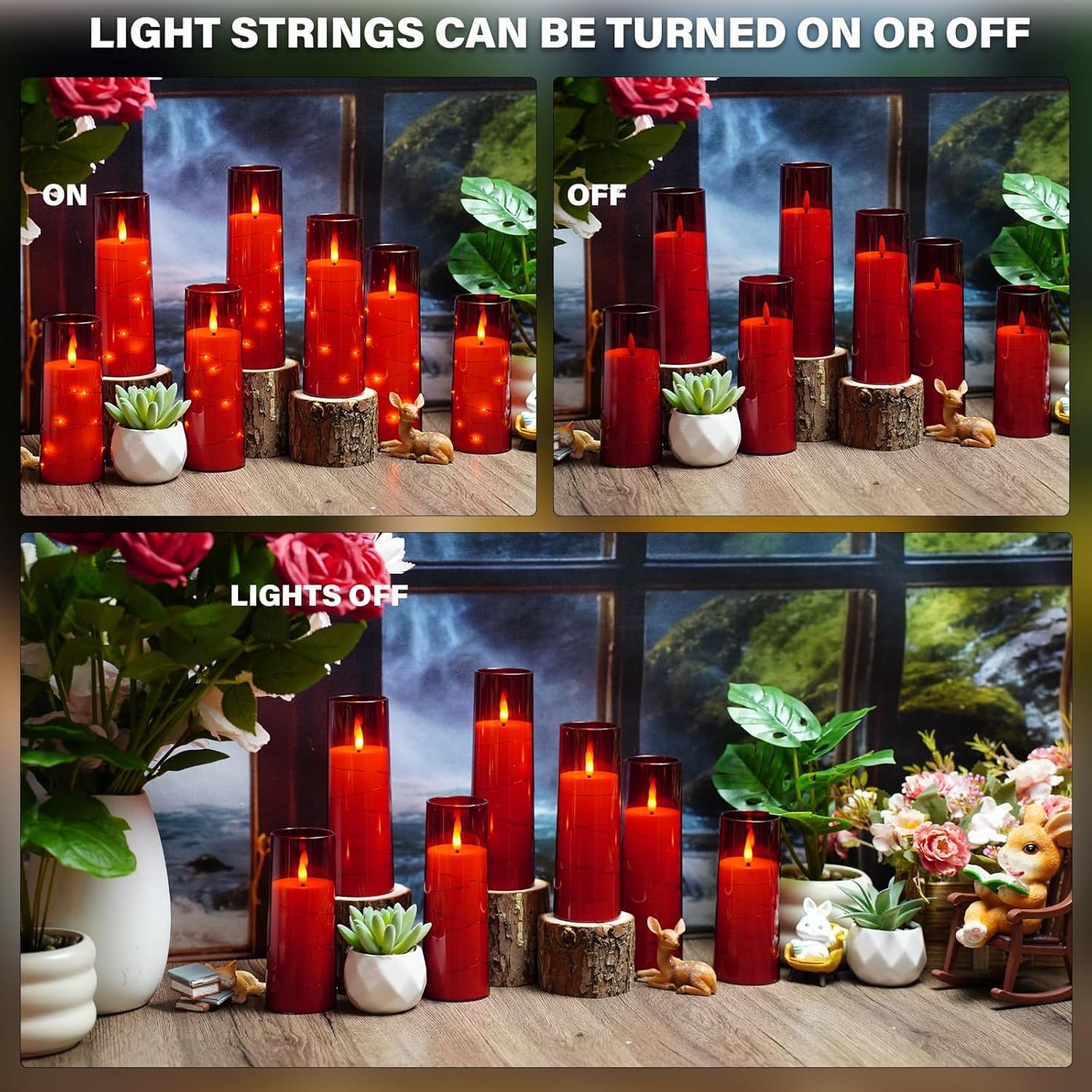 Nimiko Flickering Flameless LED Candles,Battery Operated Candles 24 Pcs with Embedded Star String,Acrylic LED Pillar Candles with Remote,Suitable for Home Decoration to Create an Atmosphere (Red)