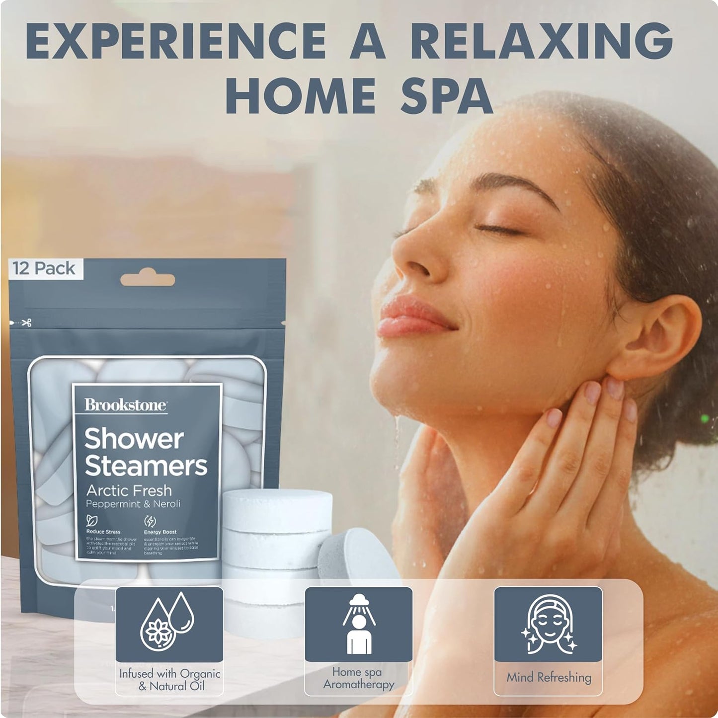 Brookstone Shower Steamers Aromatherapy 12 Tablets - Christmas Stocking Stuffers for Men, Birthday Gifts for Women, Green Elephant, Relaxation, Self Care - Shower Steamers Arctic Fresh