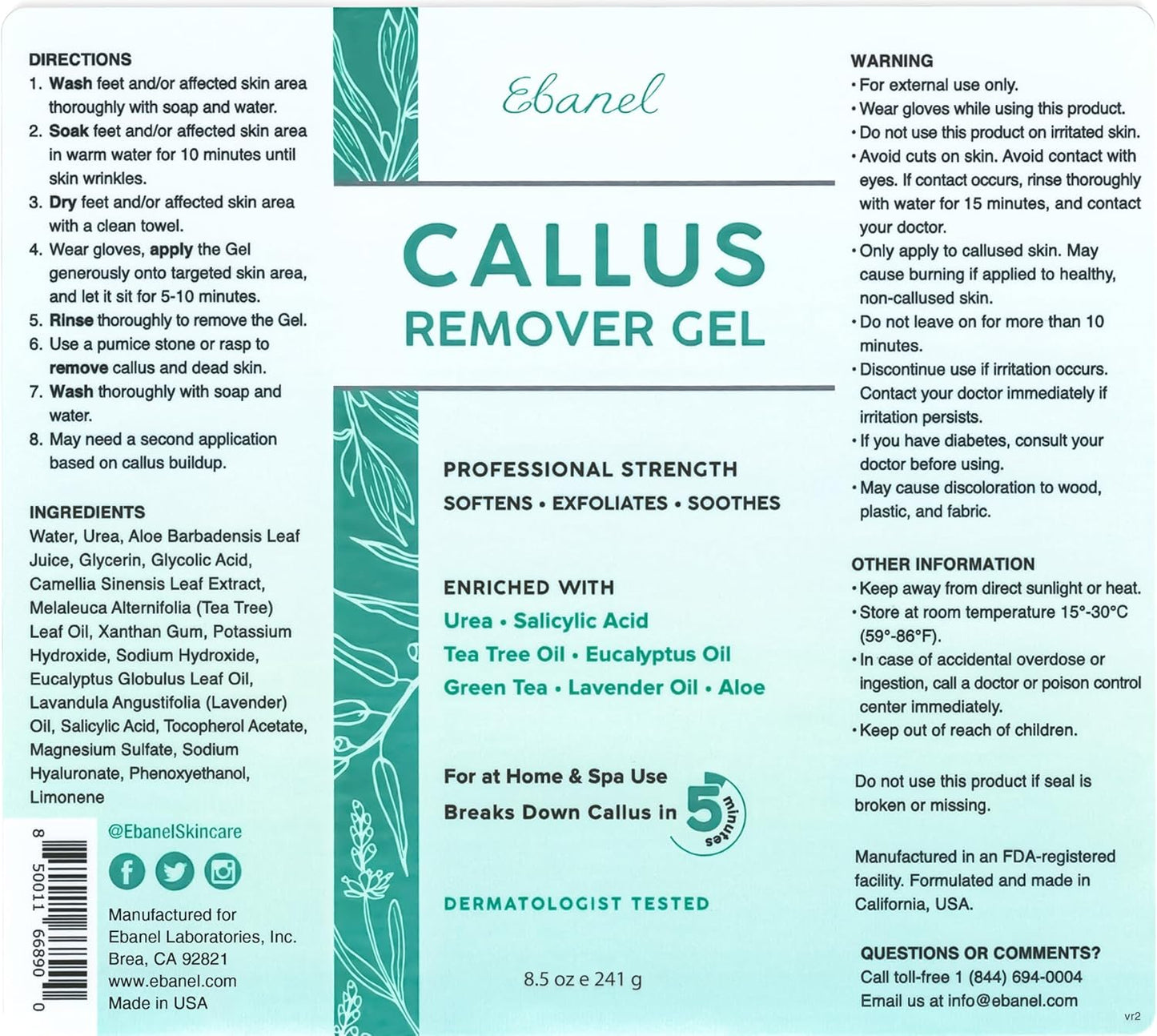Ebanel Professional Callus Remover for Feet with 20% Urea, Epsom Salt, Salicylic Acid, Glycolic Acid, Heel Toe Foot Callus Remover Gel Peel Exfoliator Dead Skin Removal for Feet, Cracked Heel Repair