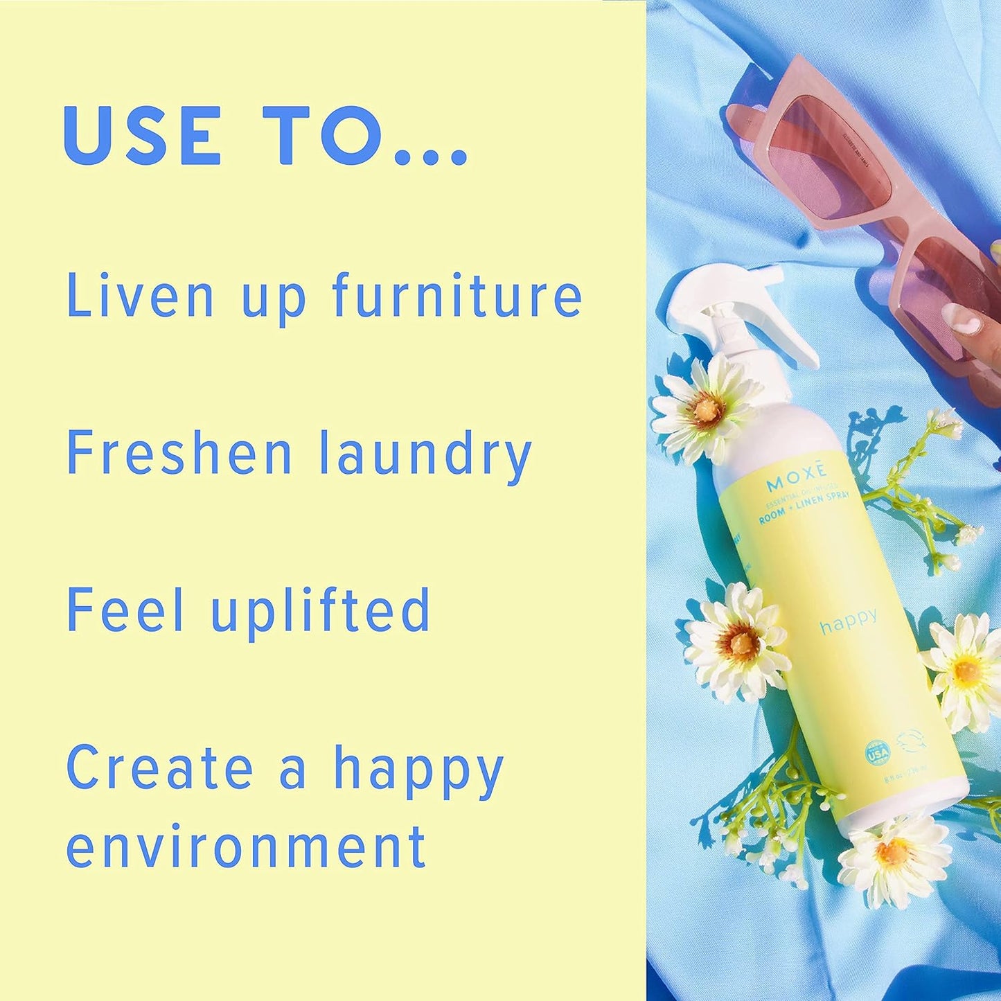 MOXĒ Happy Linen & Room Spray, Uplifting Essential Oils, Natural Aromatherapy Mist, Home & Bedroom, Office, Furniture, Bedding, Pillows, Sheets, Cinnamon, Sweet Fennel, Sage, Thyme, 8 Ounces (1 Pack)