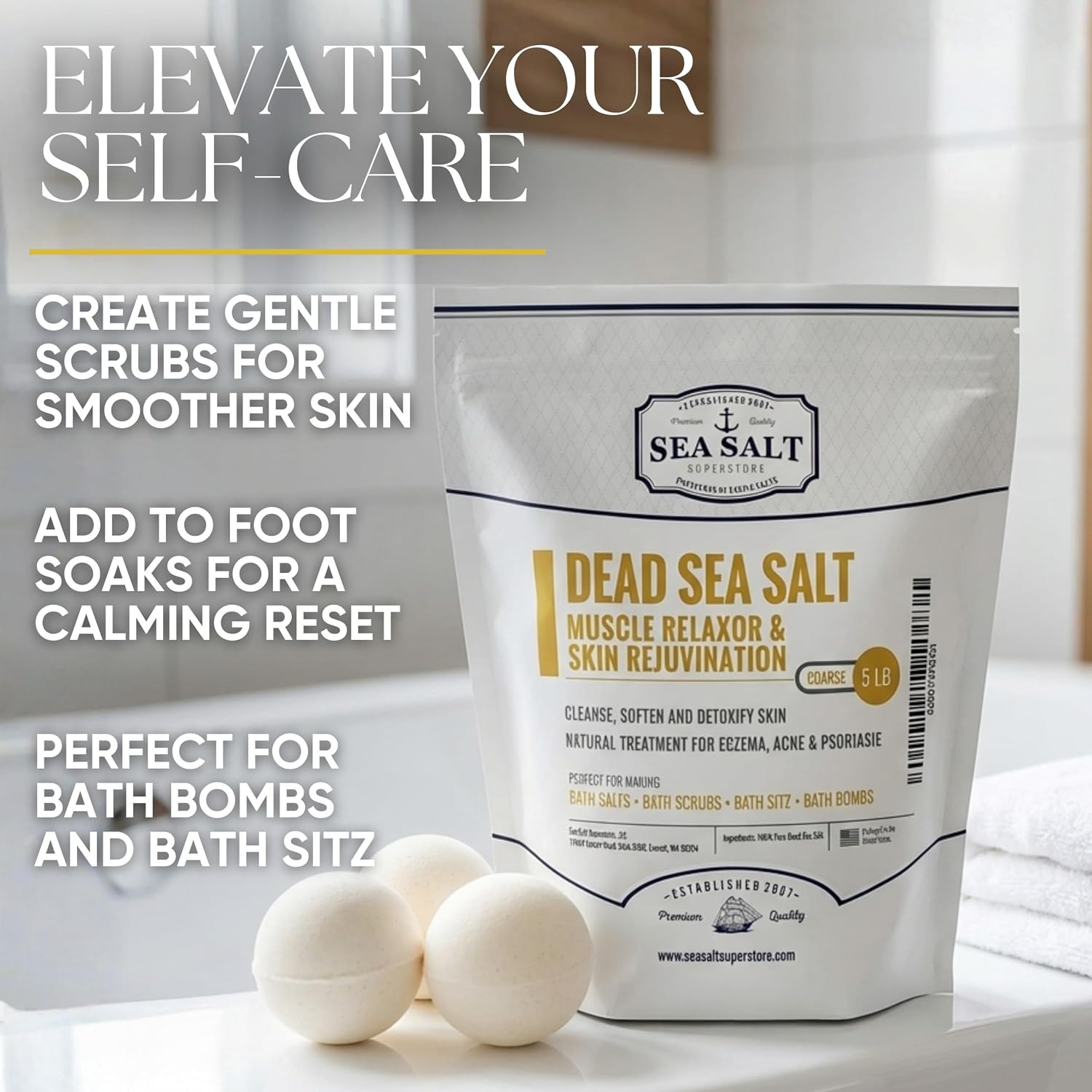 Sea Salt Superstore Natural Dead Sea Salt for Soaking - Coarse Grain Mineral Bath Salts from Israel Supporting Muscle Relaxation & Skin Rejuvenation - Home Spa Essentials - (5lb Bag)