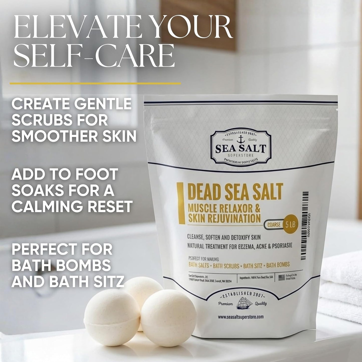 Sea Salt Superstore Natural Dead Sea Salt for Soaking - Coarse Grain Mineral Bath Salts from Israel Supporting Muscle Relaxation & Skin Rejuvenation - Home Spa Essentials - 5Lb Bag, 2 Pack