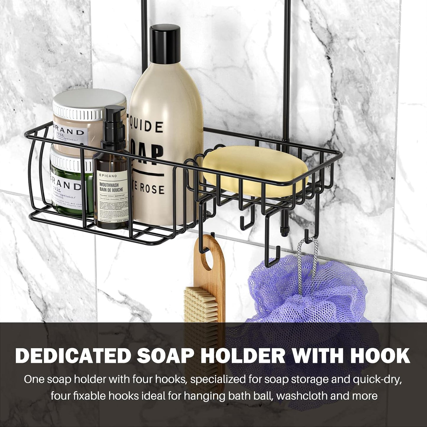 Epicano Shower Caddy Hanging Over Head, Matte Black,Stainless Steel | Rustproof,4 Hooks for Towels,Sponge and & Bathroom Accessories,Anti-Swing Suction Cups & Adhesive hooks