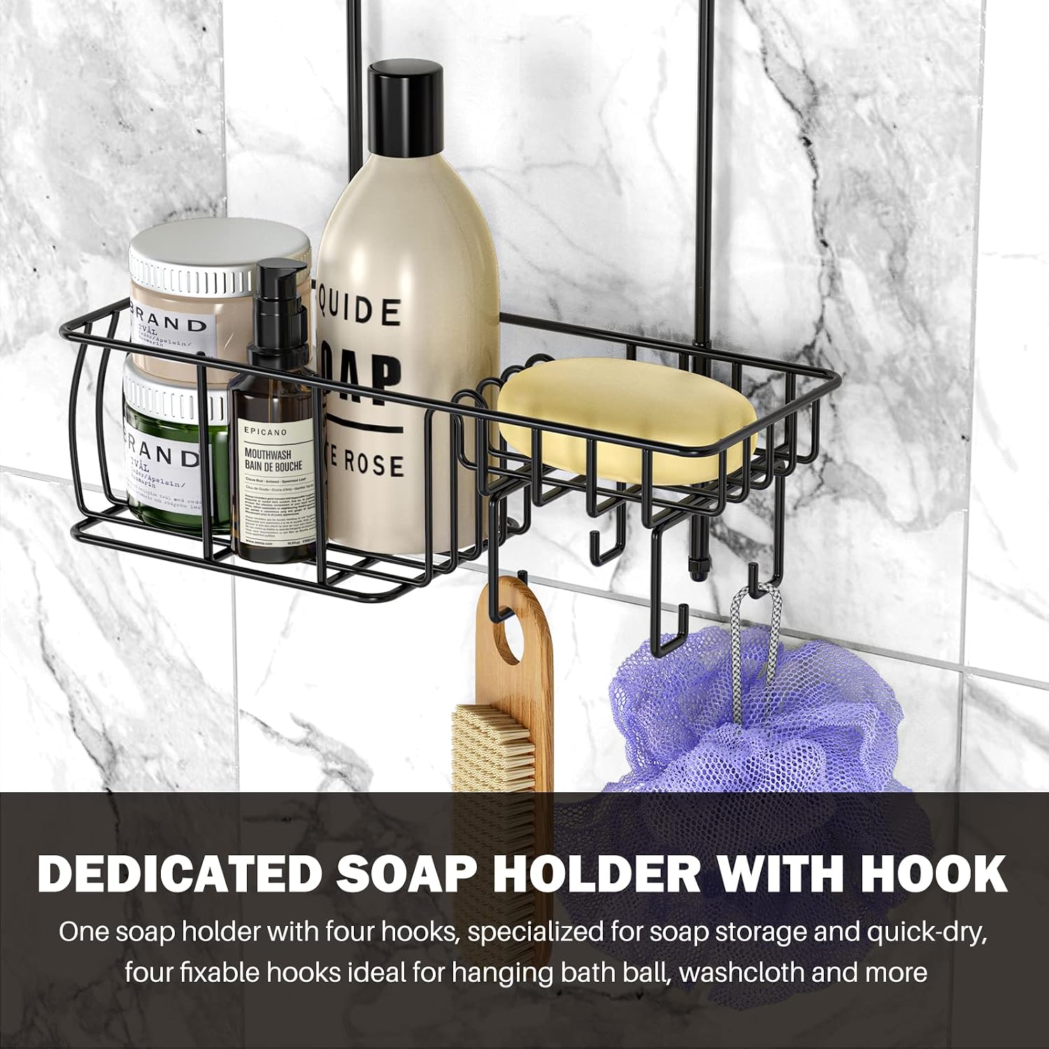 Epicano Shower Caddy Hanging Over Head, Matte Black,Stainless Steel | Rustproof,4 Hooks for Towels,Sponge and & Bathroom Accessories,Anti-Swing Suction Cups & Adhesive hooks