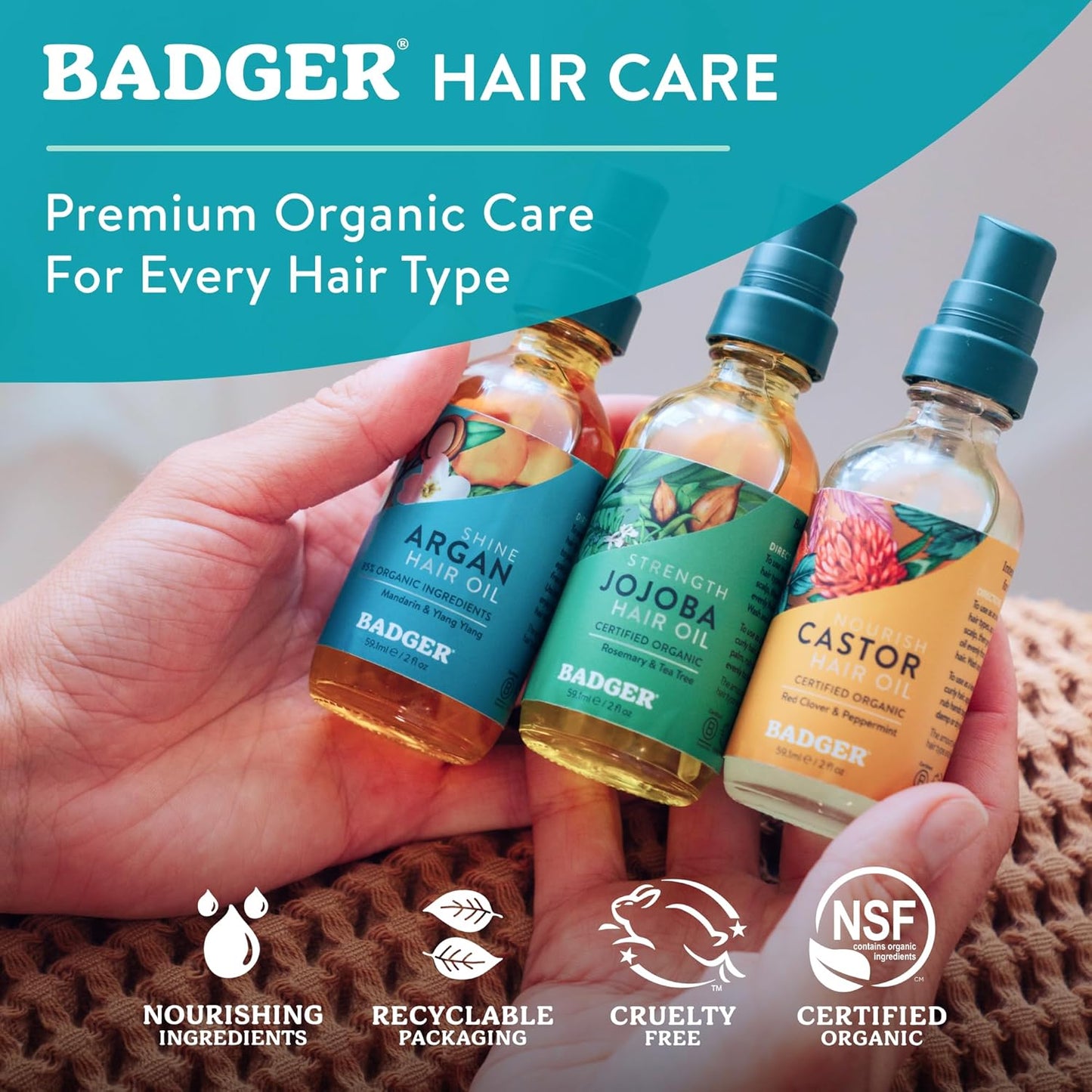 Badger Organic Argan Hair Oil, Restore a Healthy Shine to Dry Brittle Hair, Organic Moroccan Argan Oil Hair Moisturizer/Hair Serum, 2 fl oz Glass Bottle