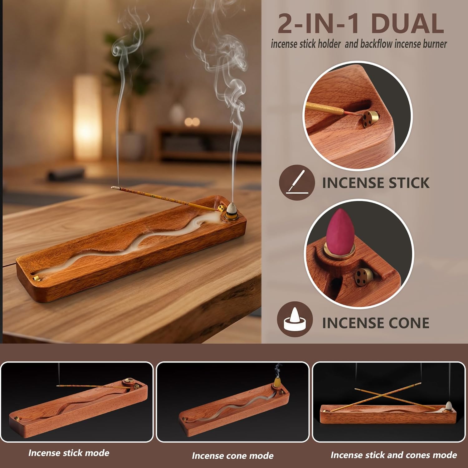 2 in 1 Wooden Incense Holder Sticks with Backflow Incense Cone Burner,Multi-Hole Fits All Thicknesses Sticks,for Meditation Yoga Home Gift