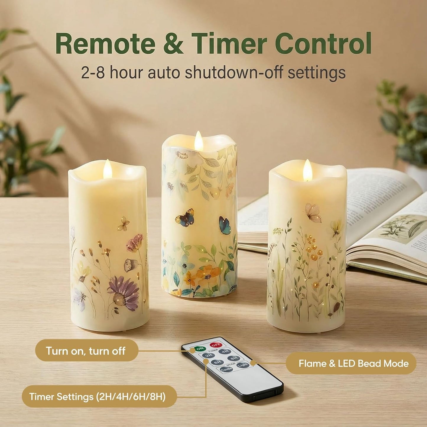 Eywamage Fiber Optic Flameless Pillar Candles with Remote Set of 3, Butterfly Floral Summer LED Candles Home Decor Φ 3" H 6"