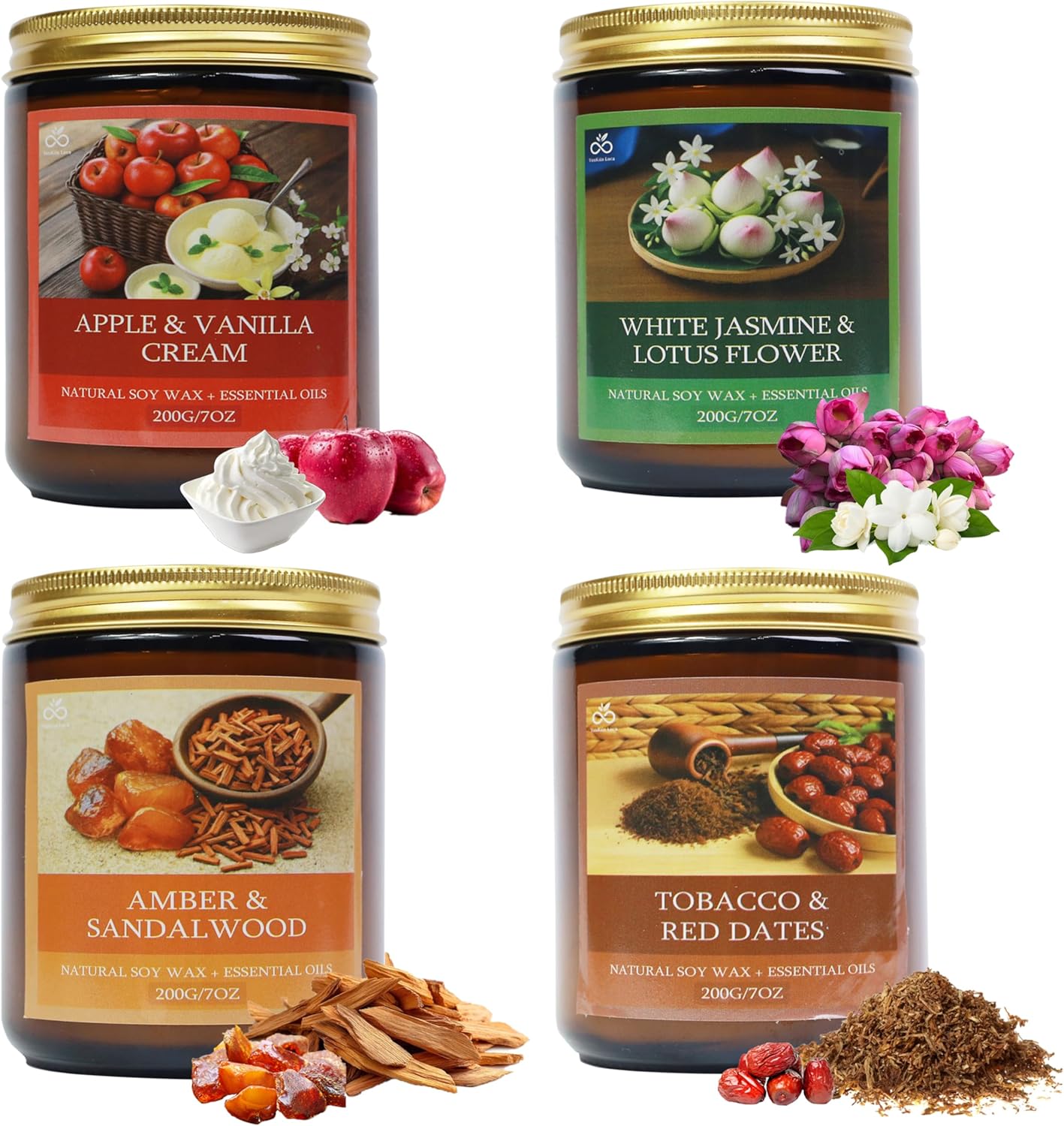 Soy Candles for Home Scented, 4-Pack Gift Set | Amber Sandalwood and Apple Vanilla, 50 Hour Long Burn, Cotton Wick, Aromatherapy, Gifts for Women Mom Birthday Christmas