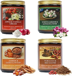 Soy Candles for Home Scented, 4-Pack Gift Set | Amber Sandalwood and Apple Vanilla, 50 Hour Long Burn, Cotton Wick, Aromatherapy, Gifts for Women Mom Birthday Christmas
