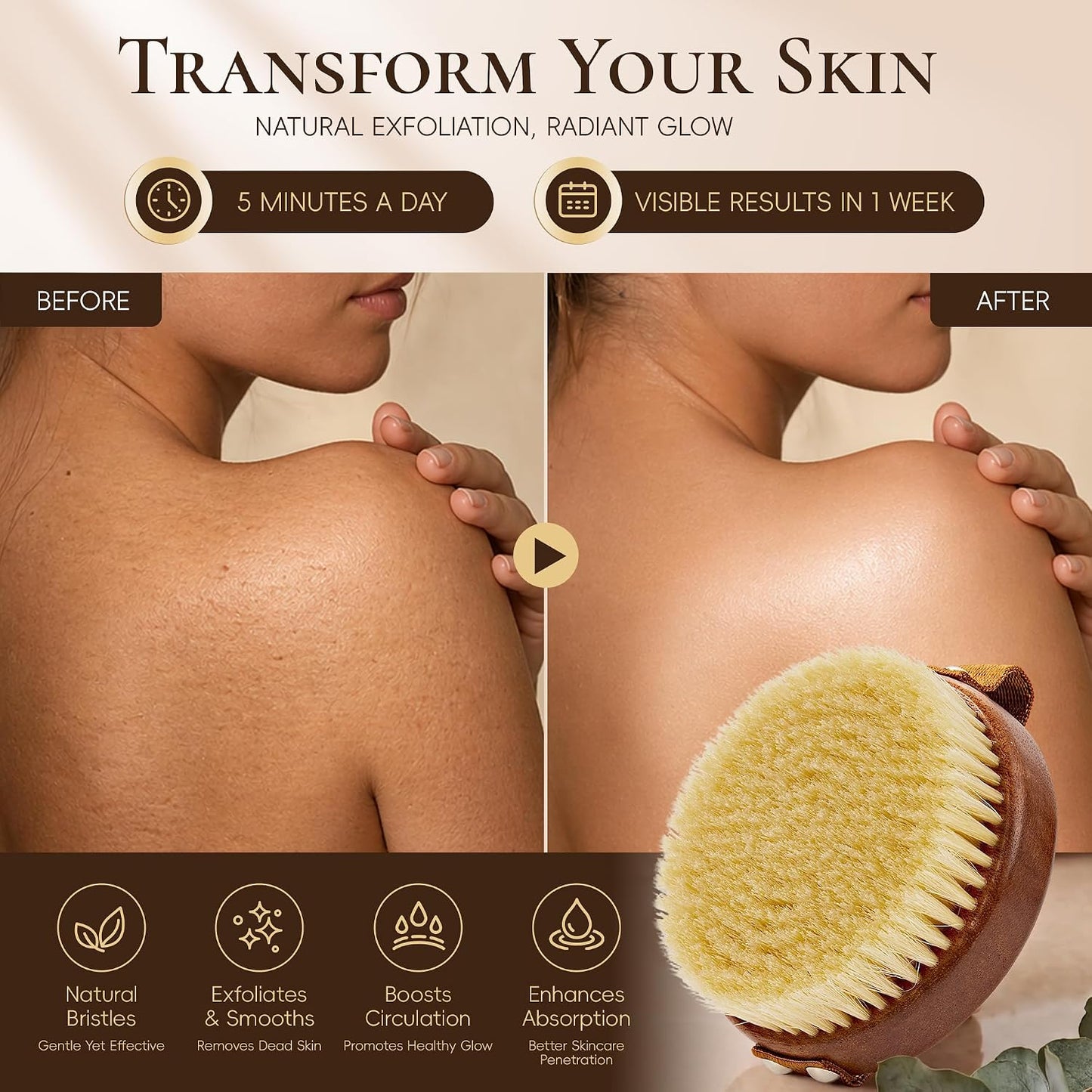 DEBETOOL Dry Brushing Body Brush - Natural Boar Bristle Exfoliating Brush for Lymphatic Drainage & Cellulite, Medium Firmness Body Brush for Dry Skin Self Care