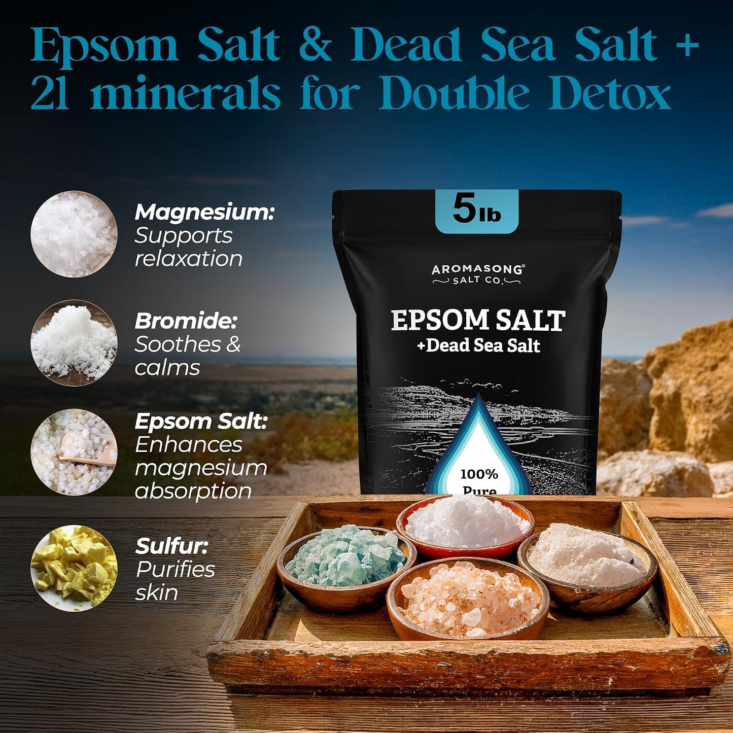 Aromasong Epsom Salt with Dead Sea Salt for Soaking - Bulk 5 Lb - 100% Pure Bath Salt, Foot & Muscle Soak