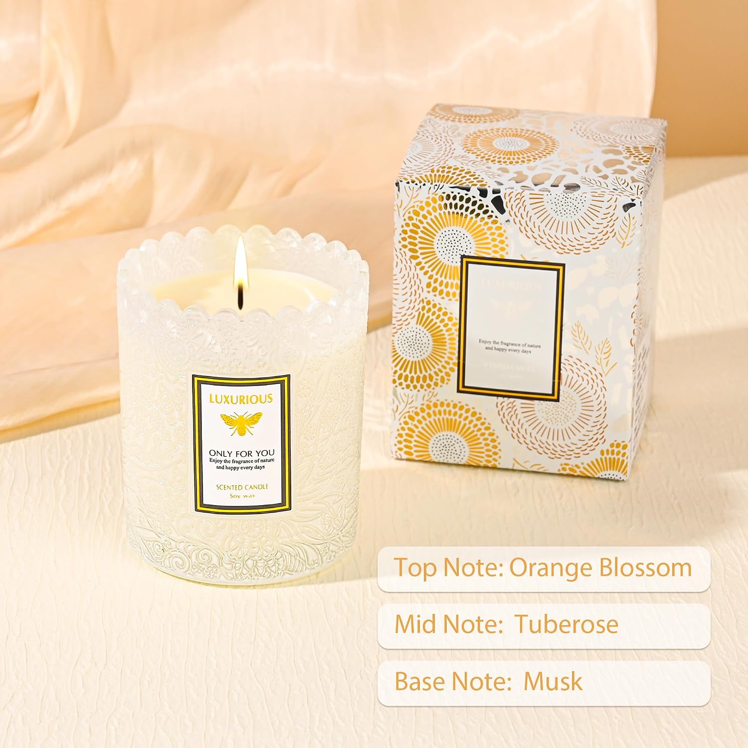 Tuberose Scented Candle, Candles for Home Scented, Luxury Jar Candles for Women, Candles Gifts for Women, Natural Soy Wax Candle, 7 oz 40 Hours