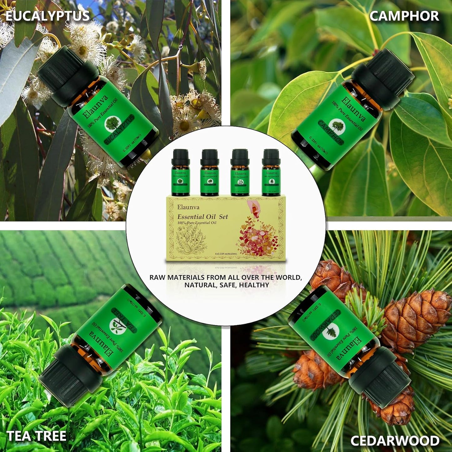 Essential Oils Set,100% Pure Natural,4 Scents(Eucalyptus/Tea Tree/Cedarwood/Camphor),for Aromatherapy and Home Fragrance,Aroma Therapy Oil,Gift for Friends/Family (0.33Fl Oz*4, Tree Set)
