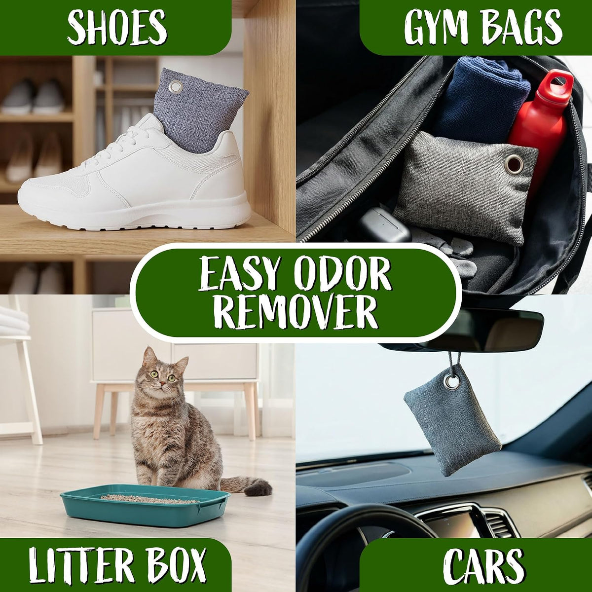 Activated Charcoal Odor Absorbers for Strong Odors in Homes, Cars, &amp; Shoes - Reusable Moisture Absorbers - Sustainable Odor Absorbers - Room Air Freshener - 10 Activated Bamboo Charcoal Bags (100g)