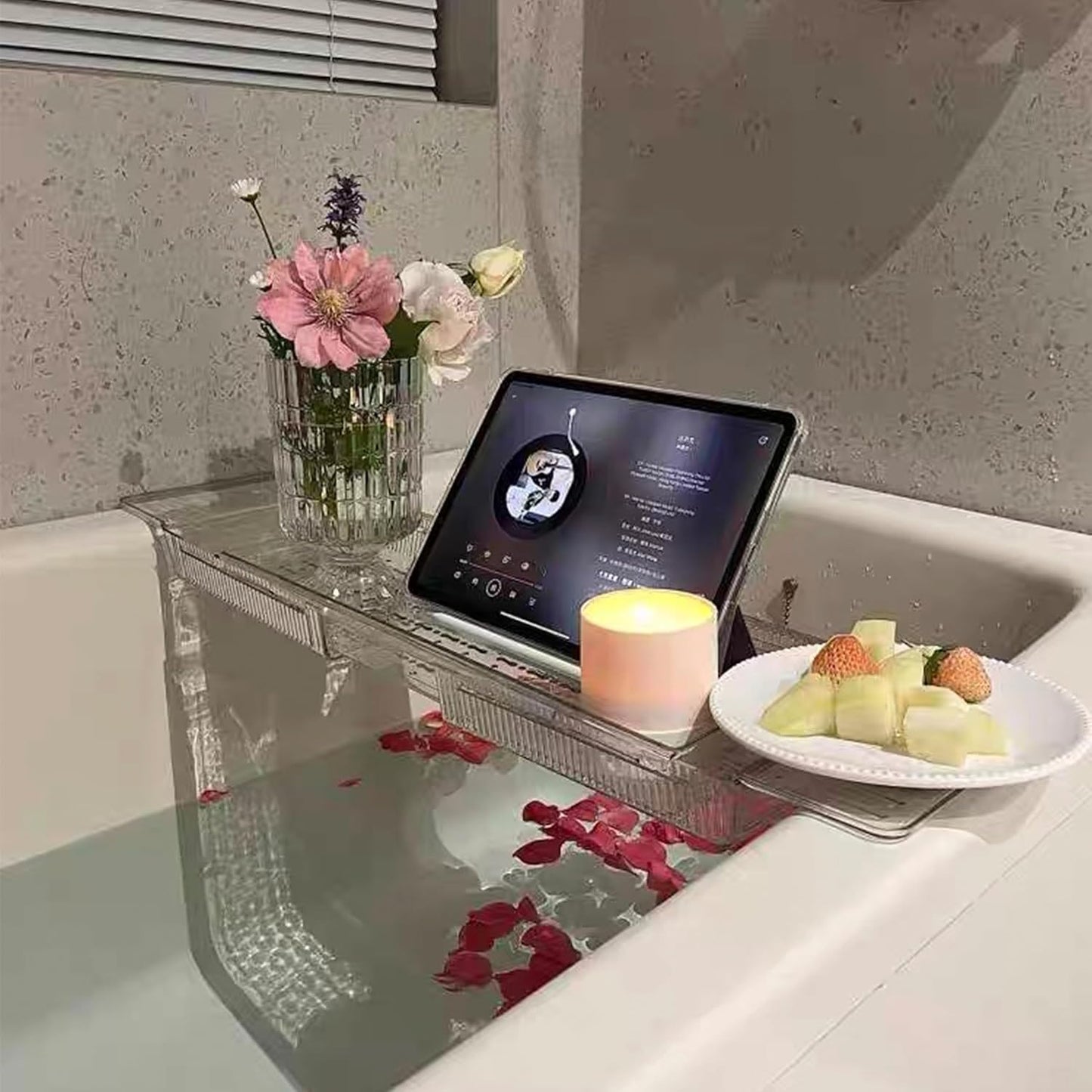 IEEK Expandable Bath Tray with Wine and Book Holder - Clear Acrylic Bathtub Caddy Shelf - Plastic Board Gift for Women