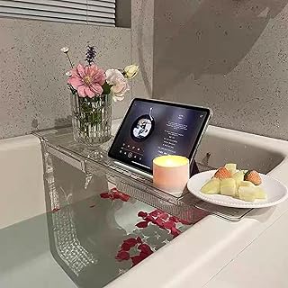 IEEK Expandable Bath Tray with Wine and Book Holder - Clear Acrylic Bathtub Caddy Shelf - Plastic Board Gift for Women