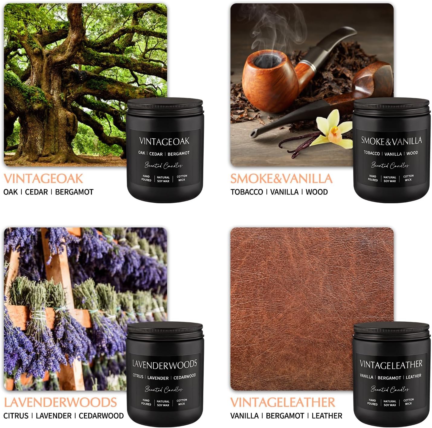 WPONSZU 4Psc Scented Candles Set,7oz Gifts for Men Aromatherapy,Soy Candle of Smokeless - Leather & Smoke, Vanilla Oakmoss, Lavender - Relaxing Fragrance for Home, Office, Yoga(Black)