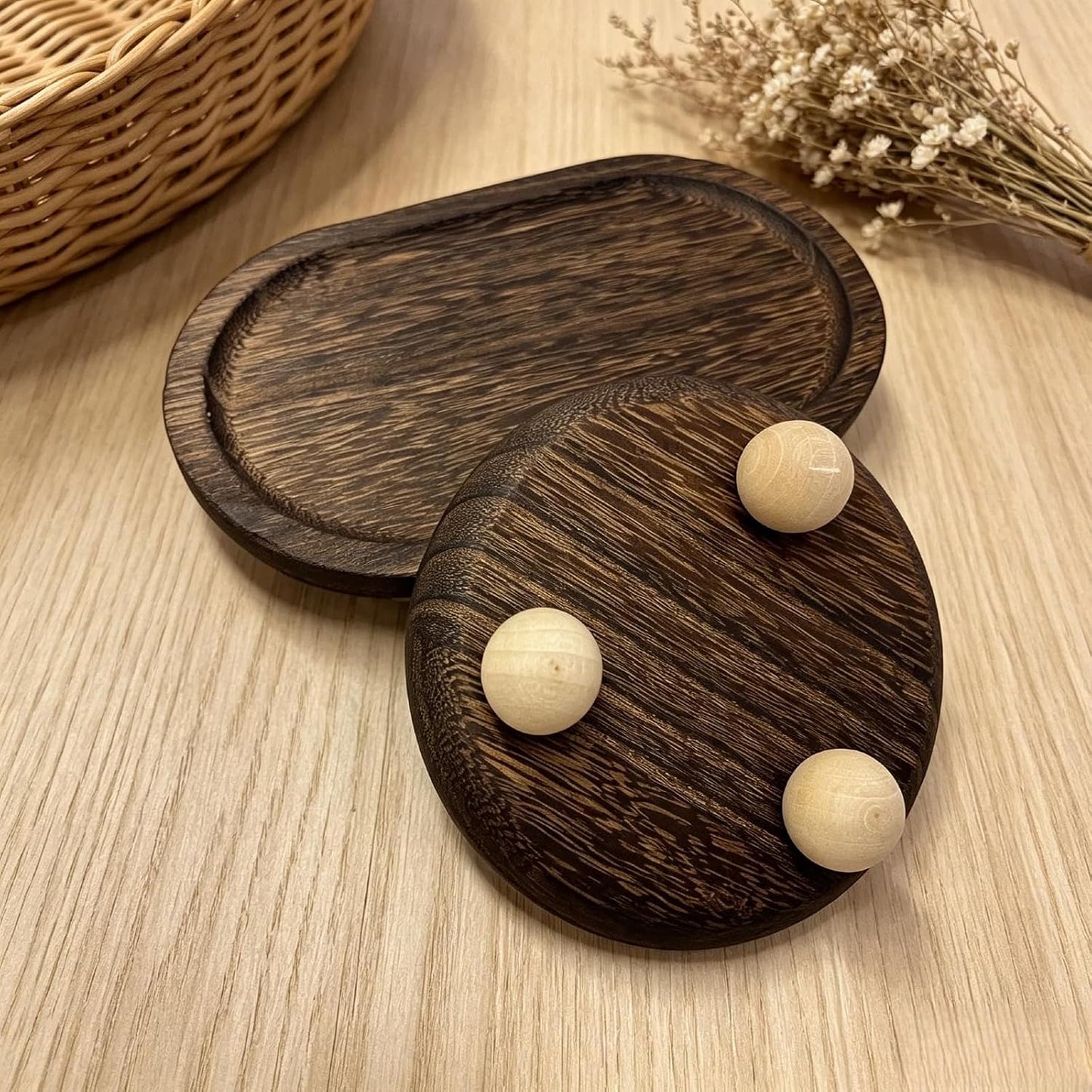 Round Wooden Jewelry Tray with Elevated Ball Feet, Rustic Trinket Ring Dish for Vanity, Keys Candles Small Decor Storage Organizer (Brown-Round)