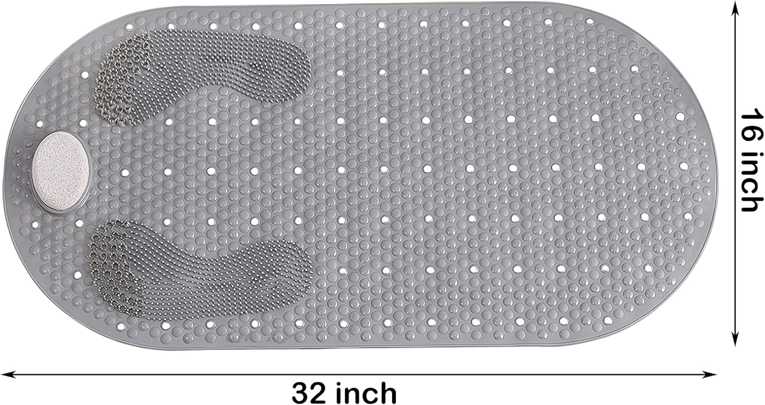 Shower Mat Foot Scrubber, Non-slip Bath Mat for Tub with Suction Cups, Shower Floor Bath Tub Mat with Feet Scrub Stone, 32 X 16 inch