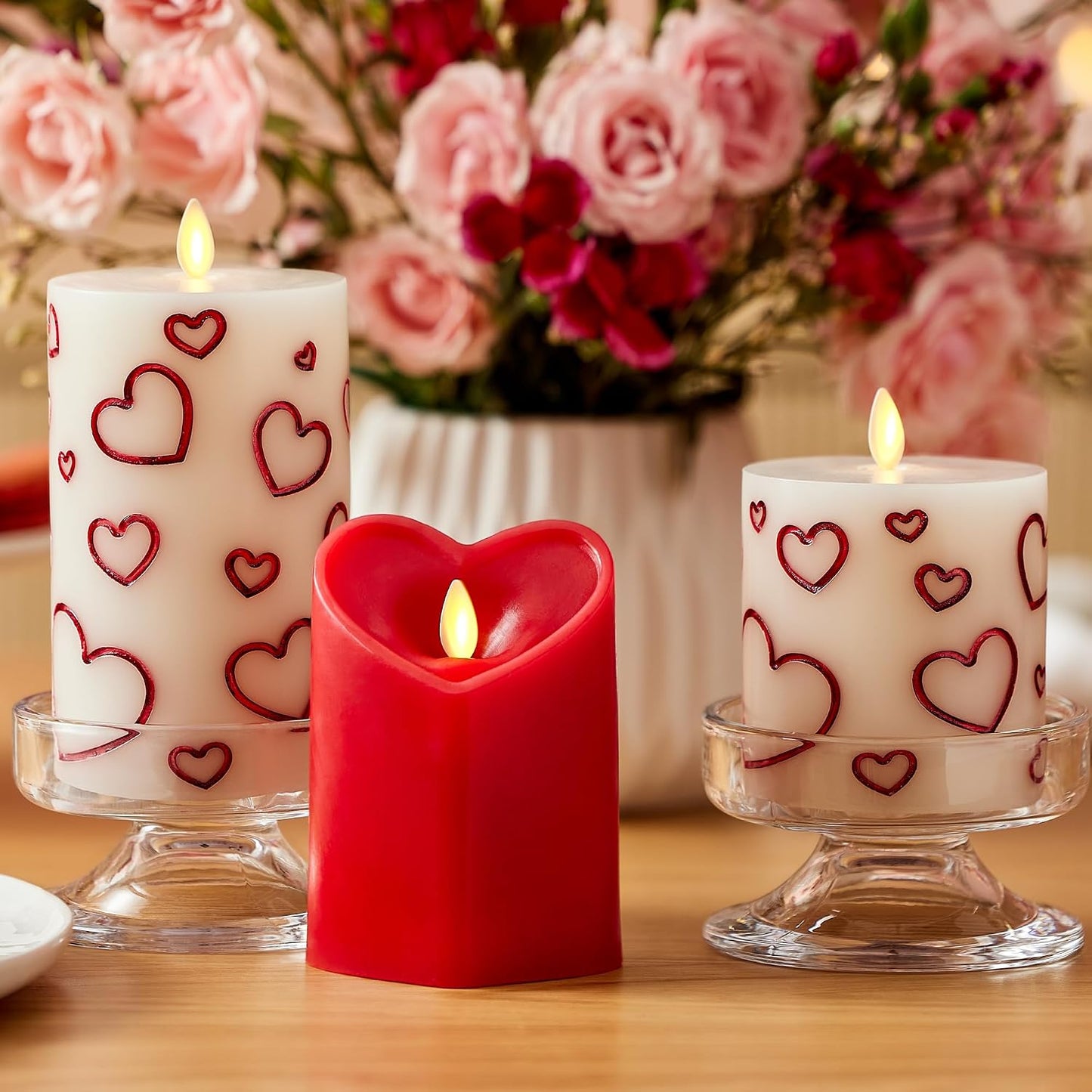 Luminara Debossed Hearts Pillar Candle Metallic Red - Patented Flickering Flameless Technology - Valentine's Day Collection - Remote Ready - 4.5"