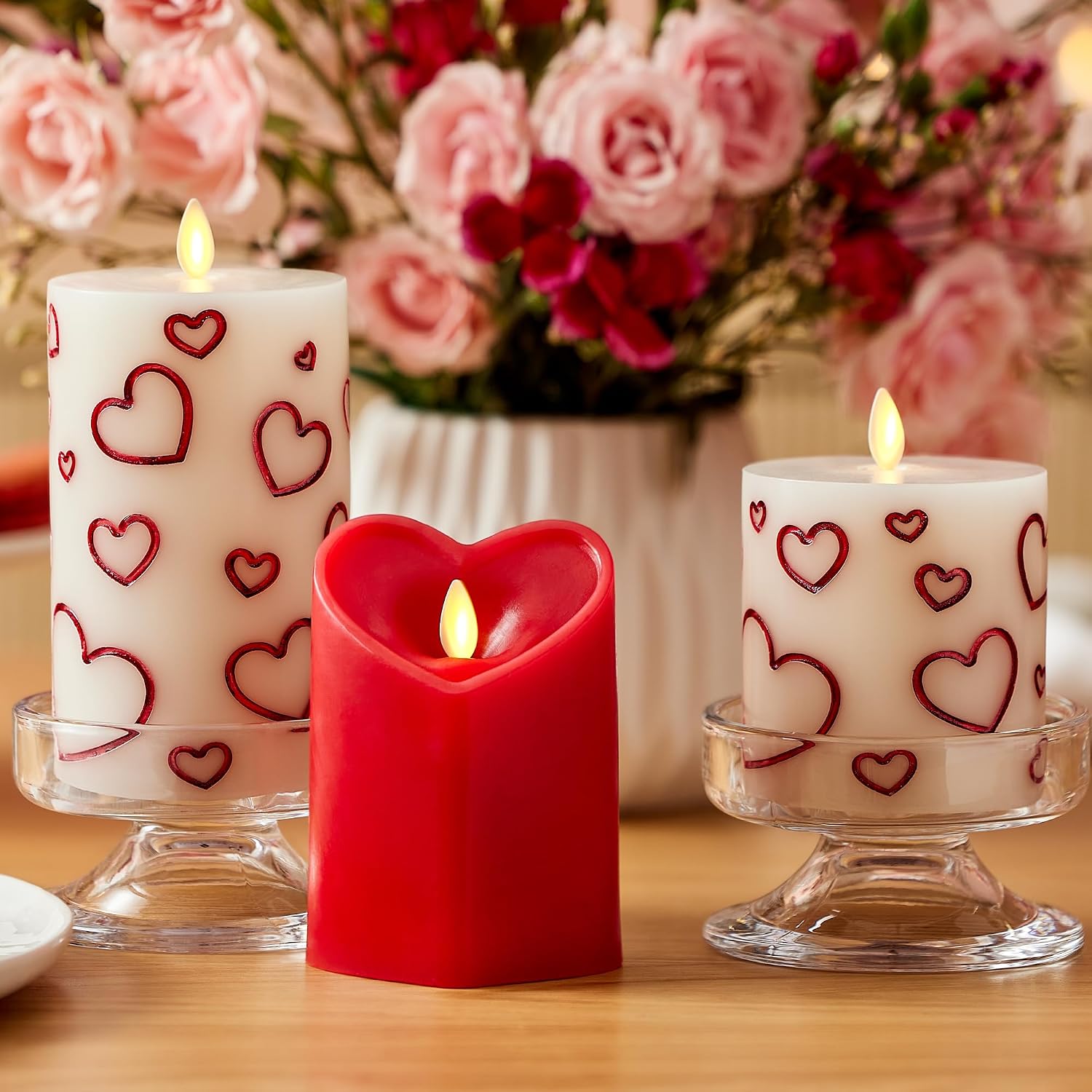 Luminara Debossed Hearts Pillar Candle Metallic Red - Patented Flickering Flameless Technology - Valentine's Day Collection - Remote Ready - 4.5"