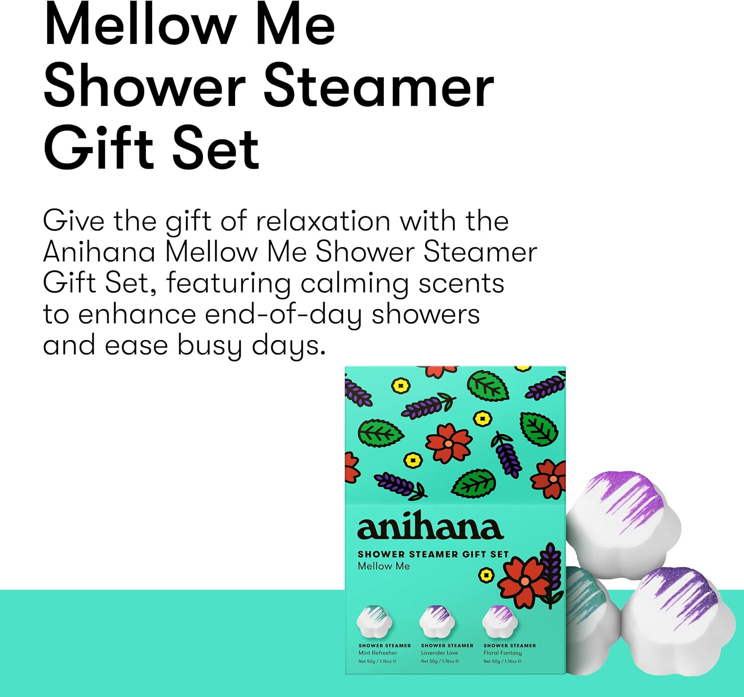 ANIHANA Shower Steamers Mellow Me 3 Pack Gift Set with Essential Oils, Paraben Free, Mint Refresher, Lavender Love, Floral Fantasy, 1.76 oz Each