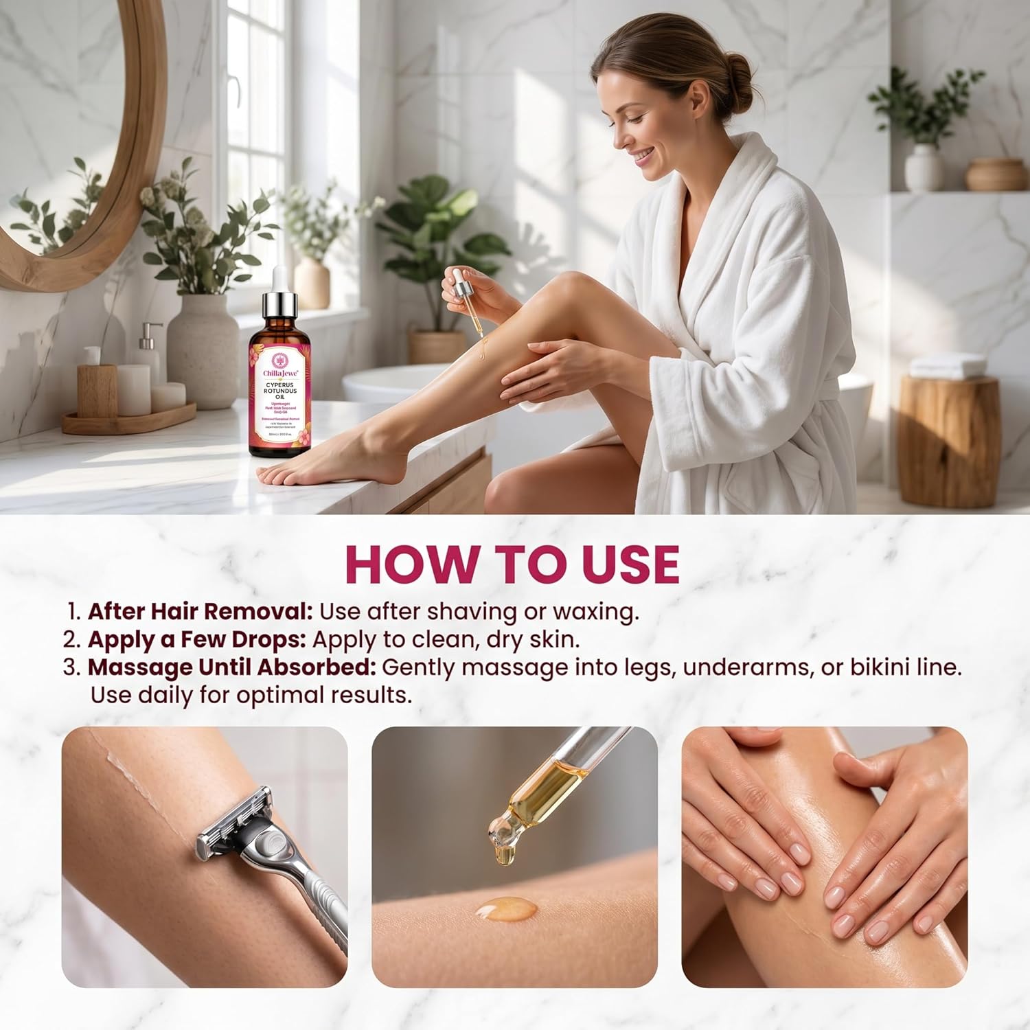 Cyperus Rotundus Oil, Lightweight Post-Hair-Removal Body Oil, Enhanced Botanical Formula with Narcissus & Japanese Yam Extracts, Jojoba Oil, Squalane & Bisabolol, For Smooth-Looking Skin