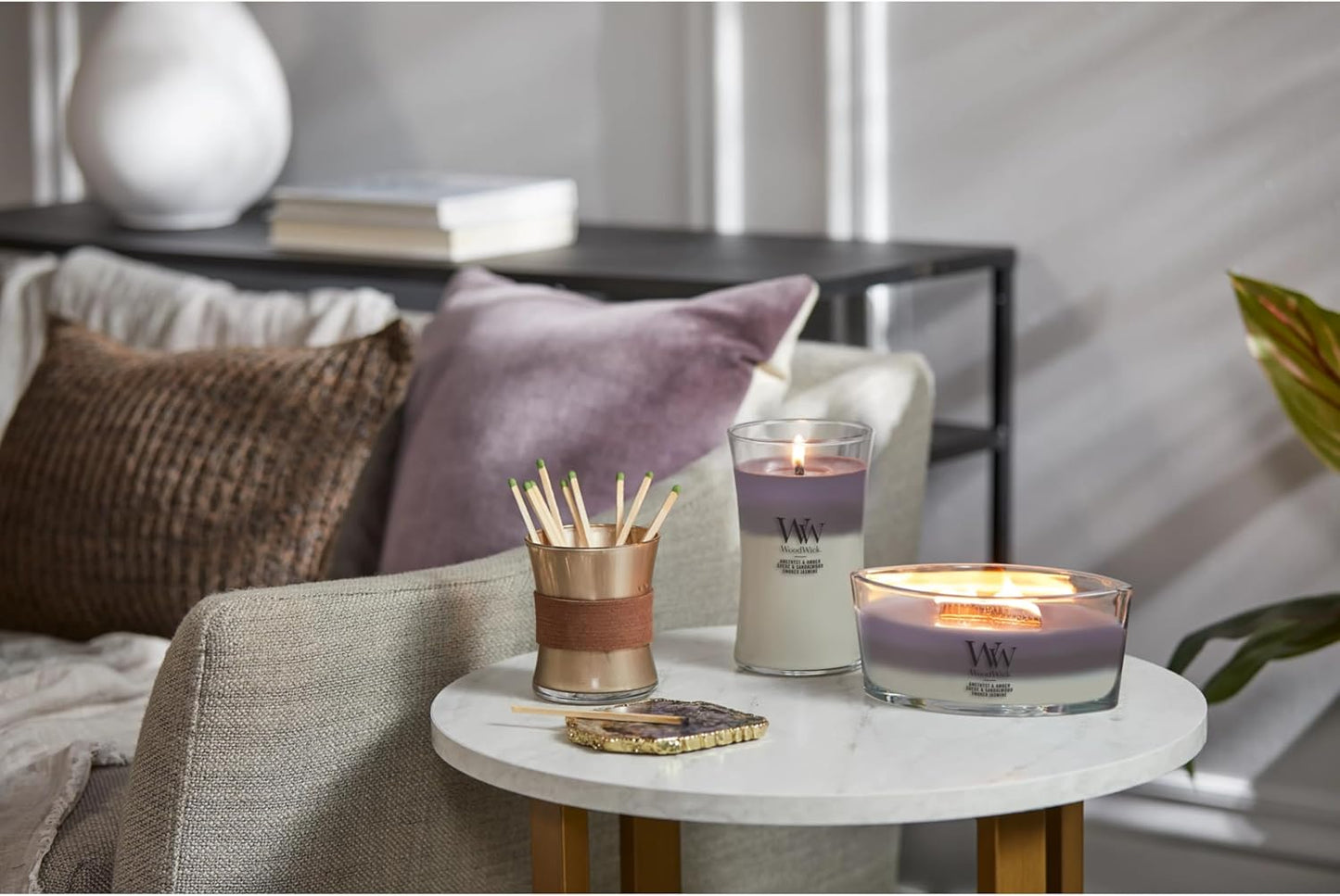 WoodWick Amethyst & Amber Gifts for Women and Men, 16 oz Ellipse Trilogy Candle with Crackling Wick