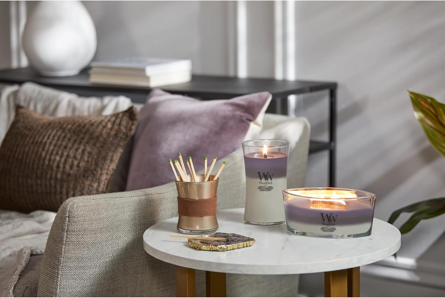 WoodWick Amethyst & Amber Gifts for Women and Men, 16 oz Ellipse Trilogy Candle with Crackling Wick