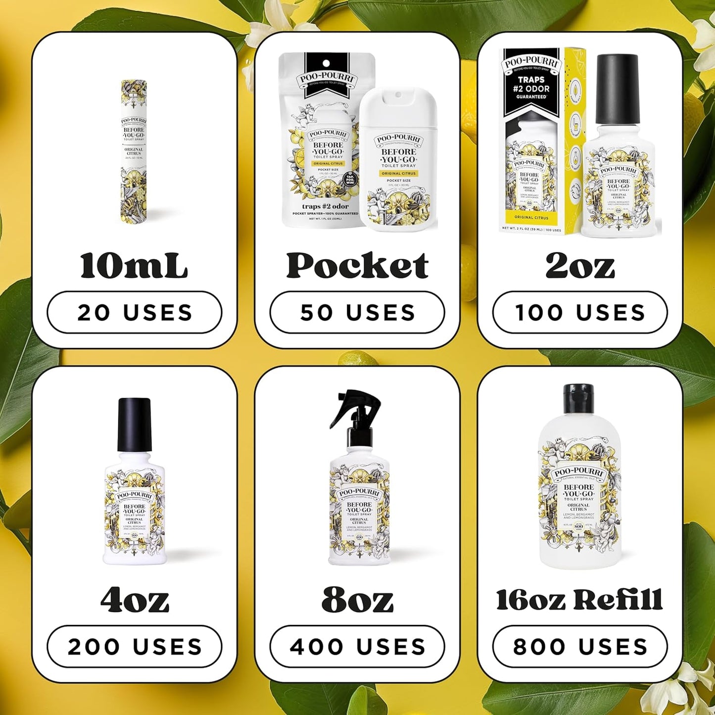 Poo-Pourri Before-You-Go Toilet Spray, Original Citrus, 4 Fl Oz, Up to 200 Uses, Bathroom Odor Deodorizer, Plant-Based with Essential Oils, for Home or Work, Lemon, Bergamot and Lemongrass Scent