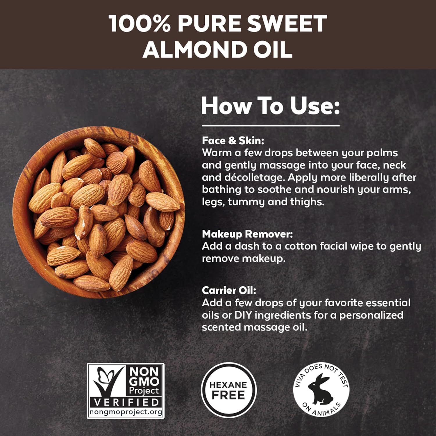 Viva Naturals Sweet Almond Oil, 16 fl. oz – Skin & Hair Moisturizer, Body & Massage Oil, Carrier Oil for Essential Oils, Non-Greasy & Pure