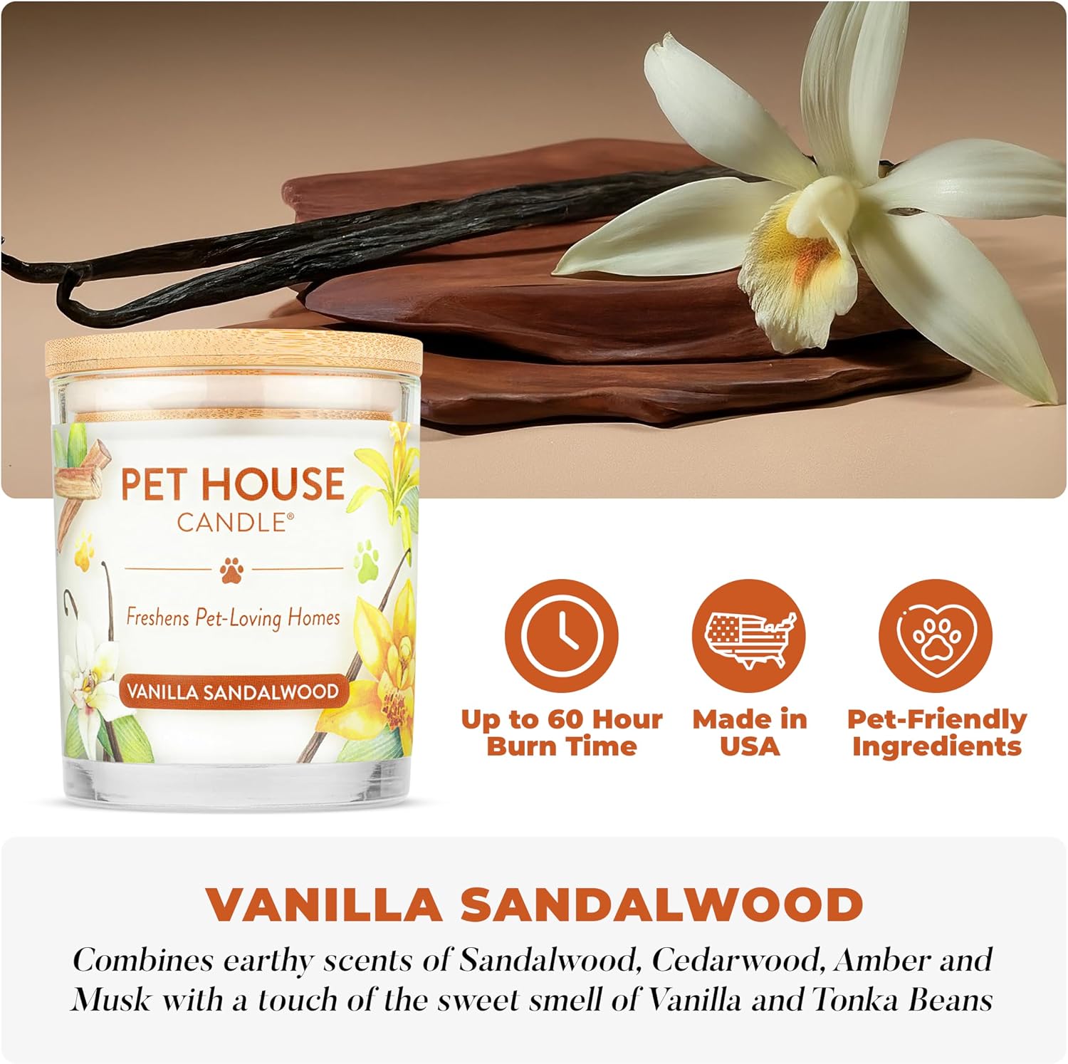 One Fur All Pet House Candle Plant-Based/Soy - Clean Burning Scented, Long Lasting Pet Odor Candle for Home - Vanilla Sandalwood