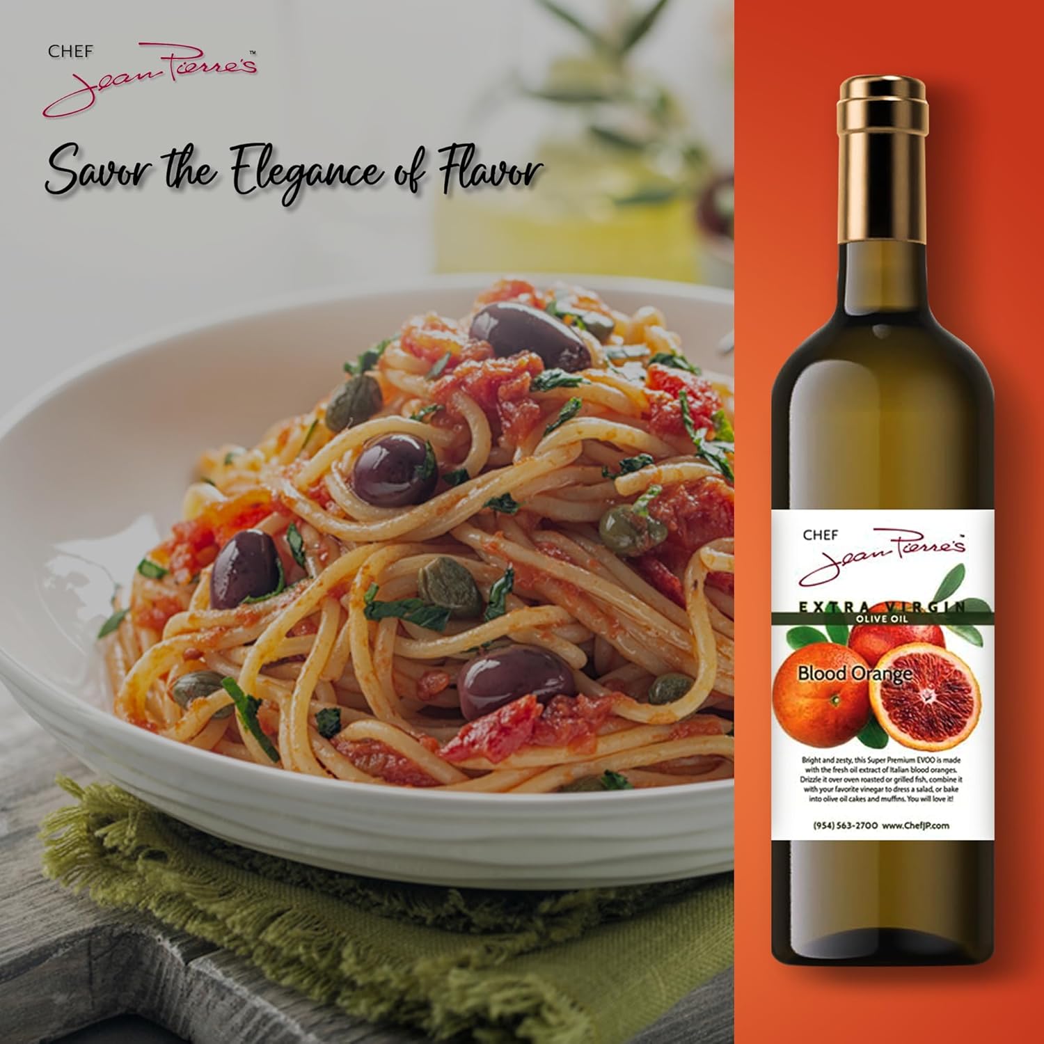 Chef Jean Pierre's Extra Virgin Blood Orange Olive Oil - 750ml (25oz) Glass Bottle - Naturally Infused with Sweet and Tangy Flavors