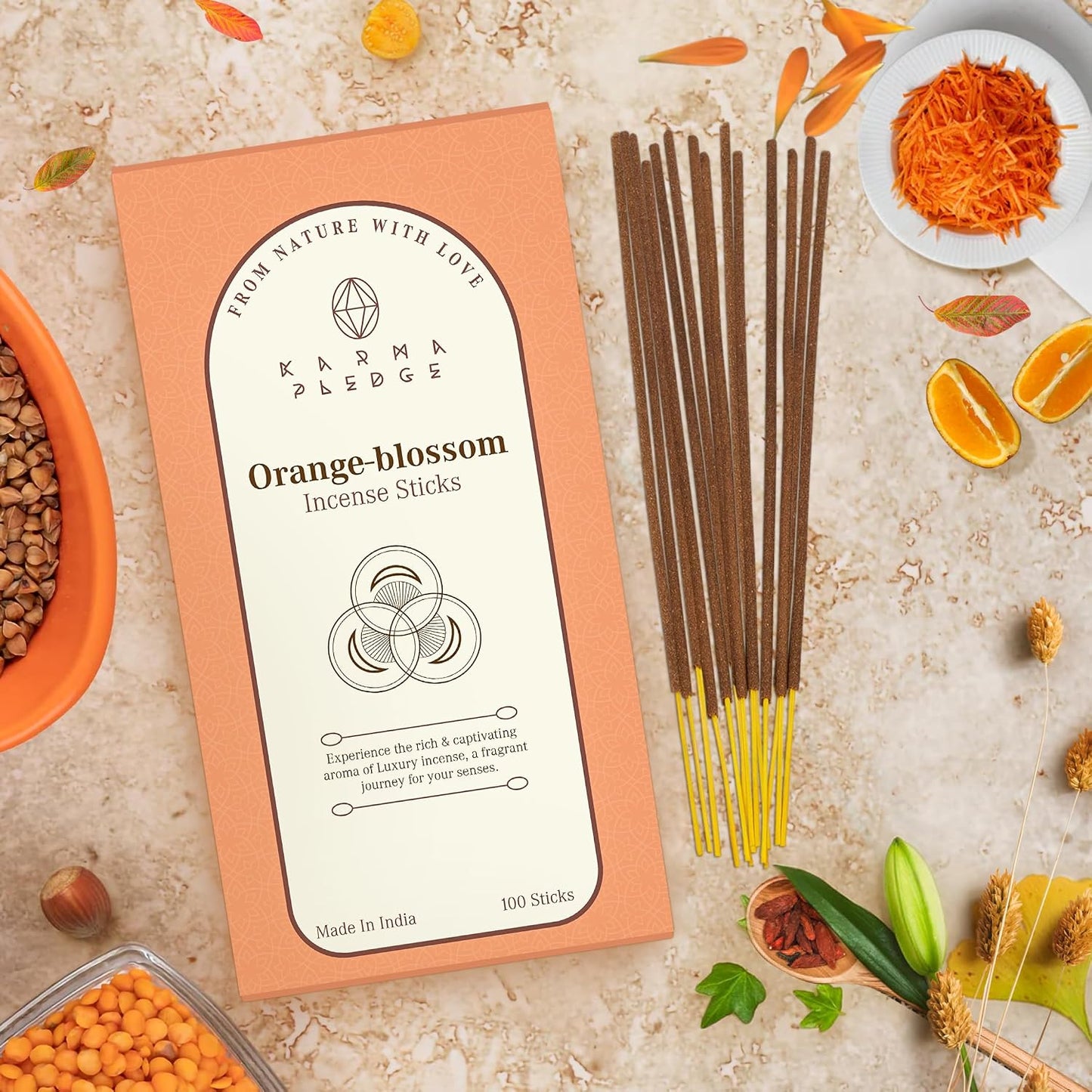 KarmaPledge Orange Blossom Incense Sticks, Burn Time 45-60 Min, 100 Sticks