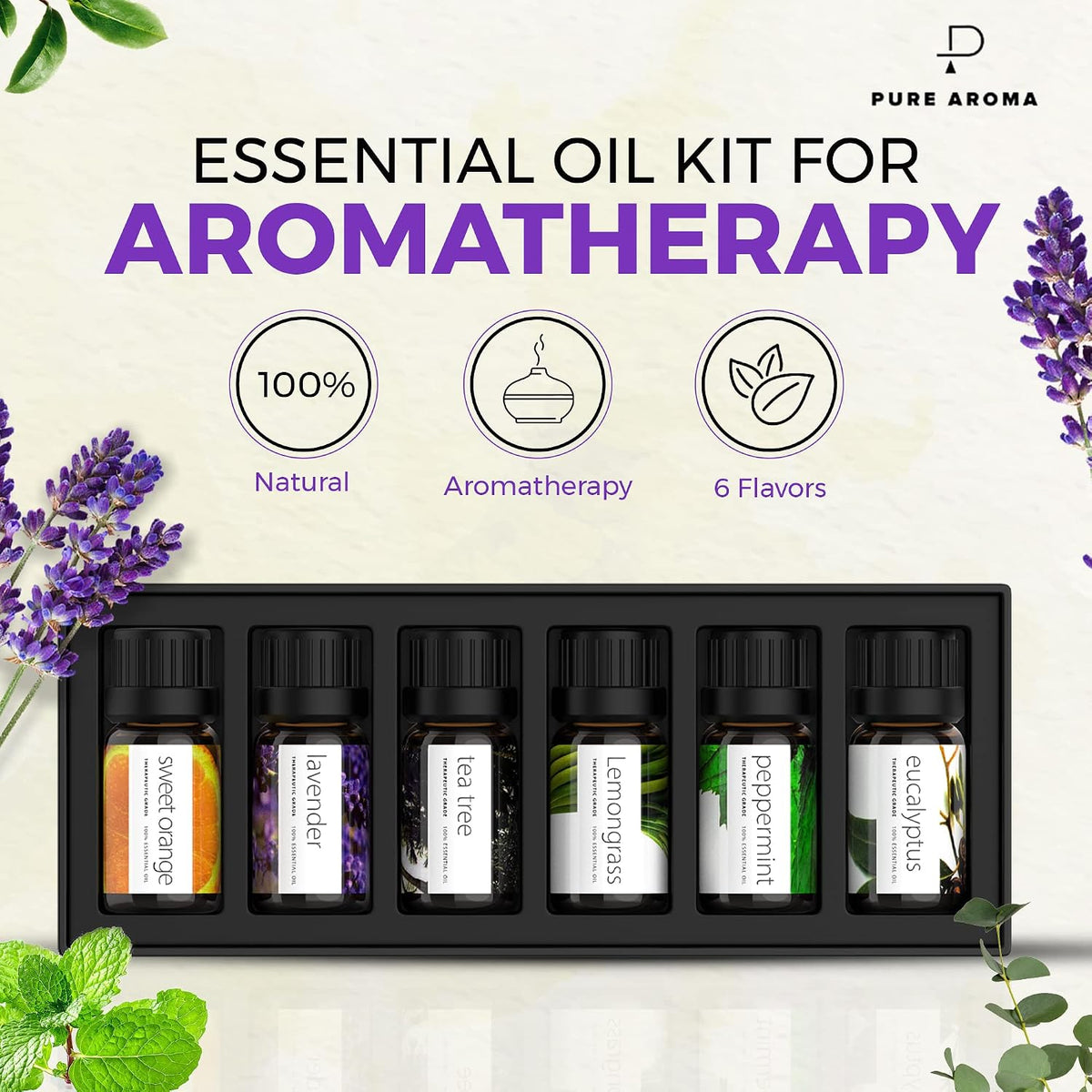 Pure Aroma Essential Oils Aromatherapy Set - 6 x 10ML Oils for Diffusers