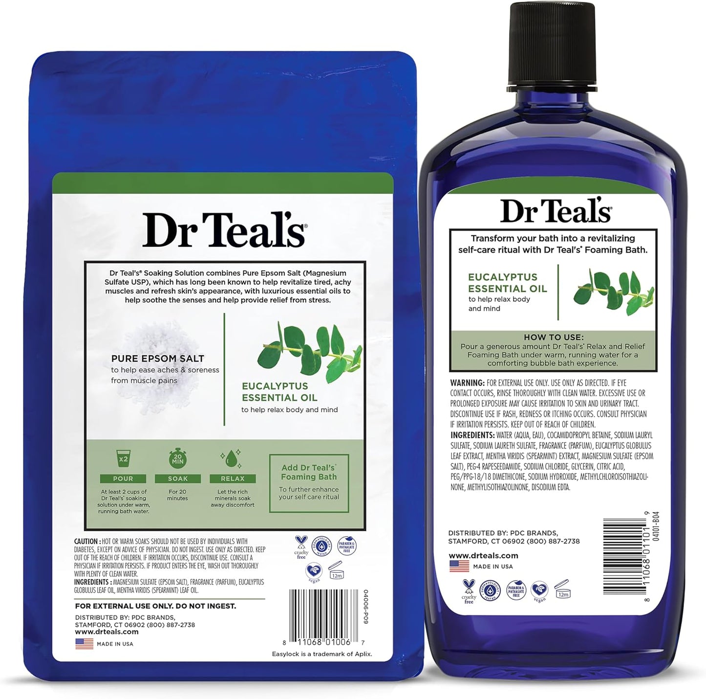 Dr Teal's Pure Epsom Salt Soak and Foaming Bath, Relax & Relief with Eucalyptus & Spearmint, Combo Pack