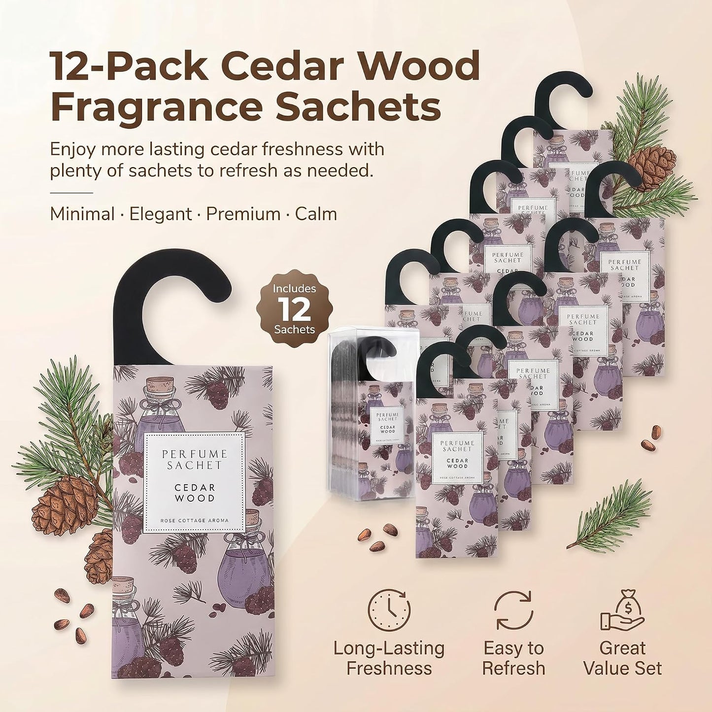 ROSE COTTAGE Large 12 Packs Cedar Wood Hanging Closet Deodorizer Air Freshener Long Lasting Scented Sachets Smell Goods for House
