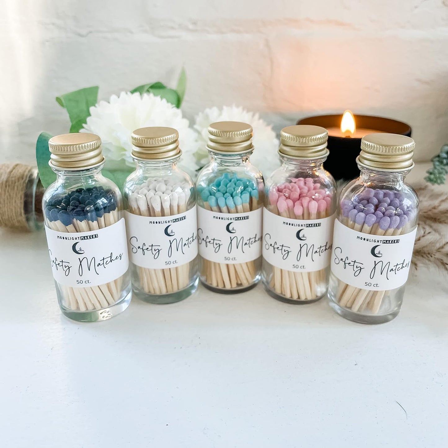 Moonlight Makers Fancy Matches in Jar - 50 Wooden Safety Matches, Decorative Glass Match Jar with Striker, Reusable Matchstick Holder, Gold Lid Match Jars for Bathroom, Candles, & Home Decor - Pink