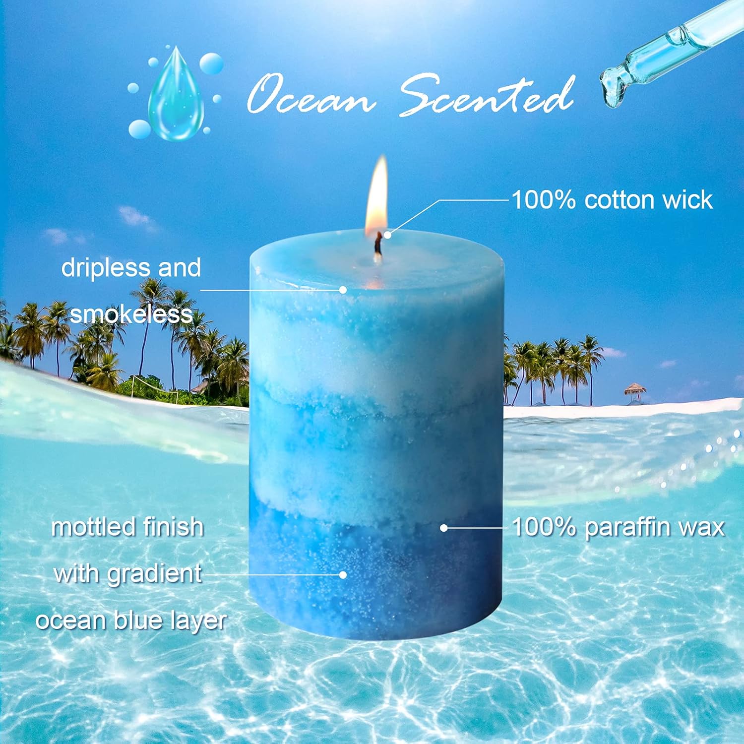 Blue Pillar Candles for Home Scented, Set of 3 Strong Ocean Fragrance Scented Candles, 50+ Hrs Long Burning Candles Set