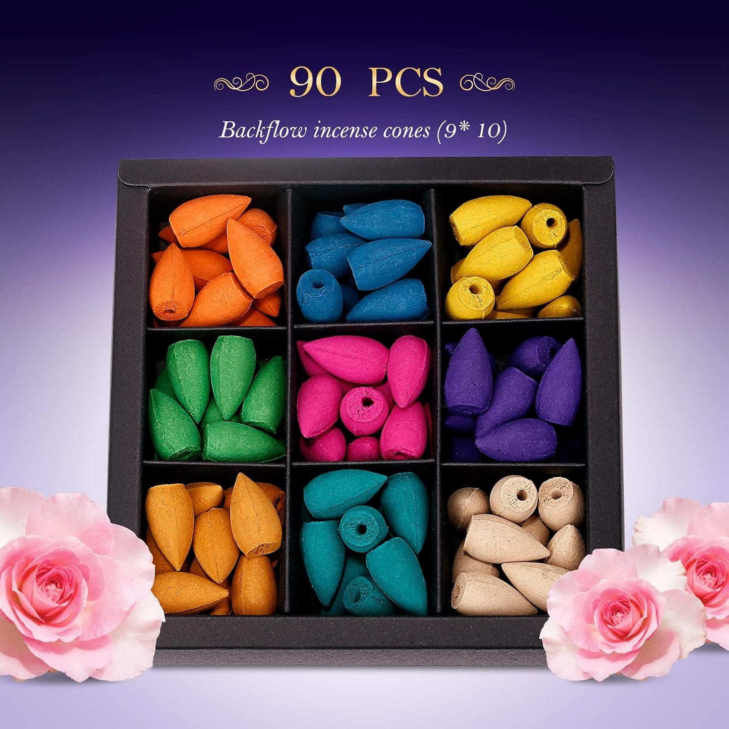 OTOFY Backflow Incense Cones 90 Pcs of 100% Natural Scents Waterfall Incense Rose Tulip Jasmine Lavender Rose for Backflow Incense Burner Holder Natural | Meditation & Yoga Gift (Black90)