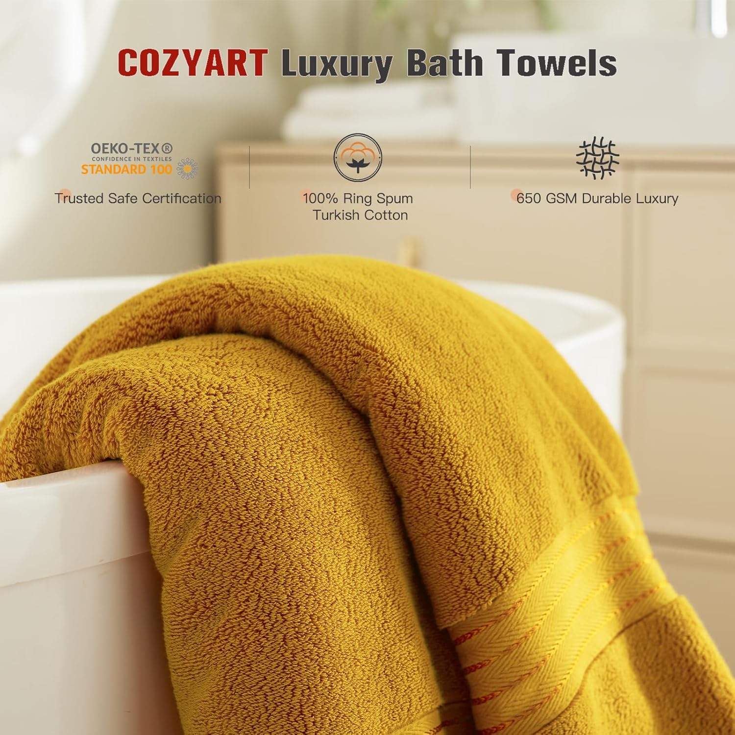 COZYART Gold Bath Towel Set 6pcs, Turkish Cotton Bathroom Towel Sets Soft Absorbent and Durable 650 GSM Luxury 6 Pcs with 2 Bath Towels, 2 Hand Towels, 2 Washcloth