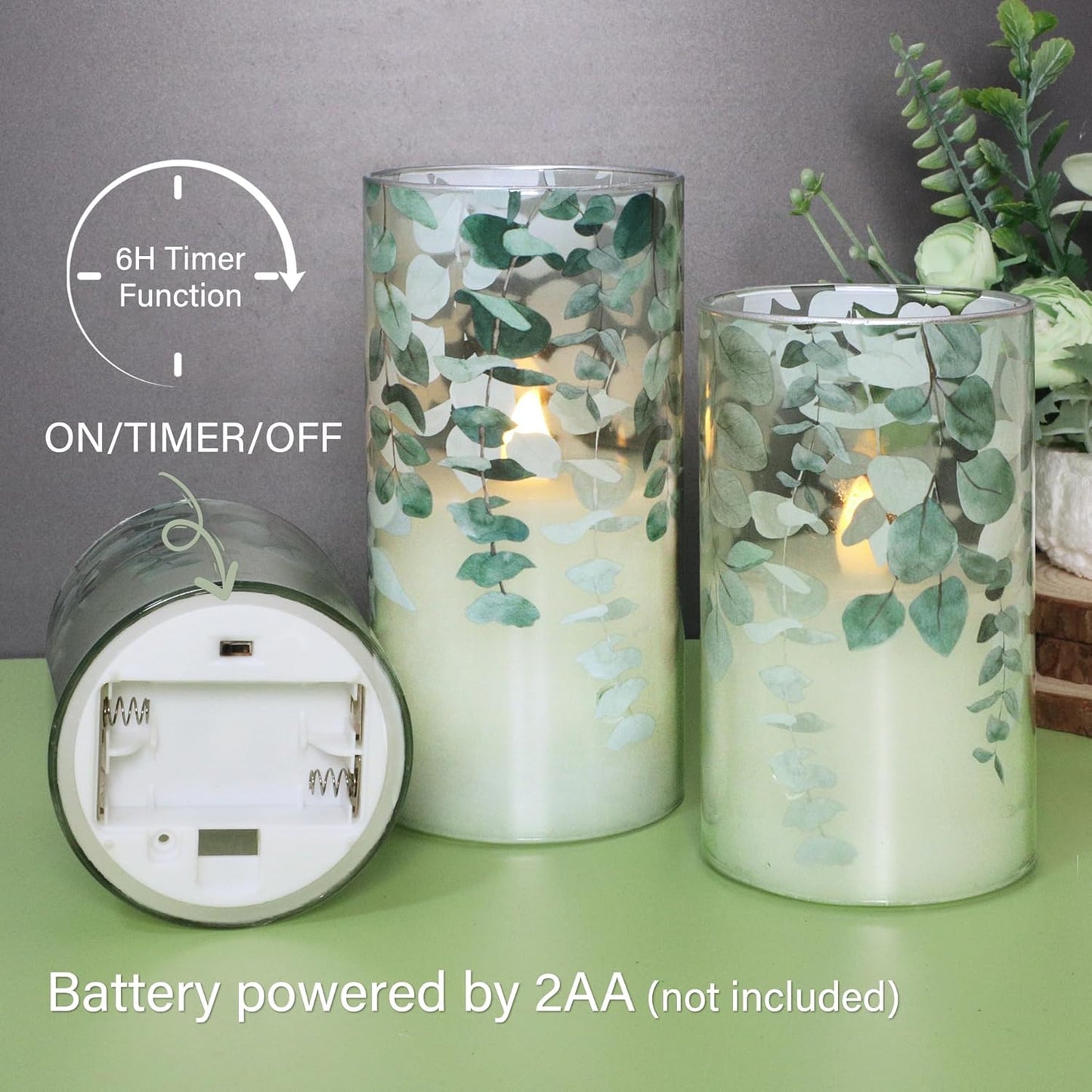 Green Glass Flameless Candles Remote Timer Eucalyptus Leaves Greenery Design Battery Operated Flicker Pillar Candle for Wedding Centerpiece Spring Easter Farmhouse Home Decoration, Set of 3