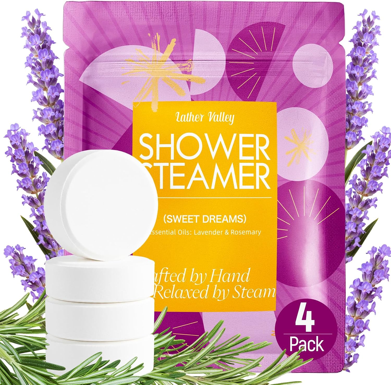Shower Steamers Aromatherapy, 100% Natural Essential Oils, Sleep Comfort & Inner Calm, Bedtime Spa Gifts for Women, Men, Self-Care Gifts for Valentine’s Day & Mother’s Day, Lavender & Rosemary, 4 Pack