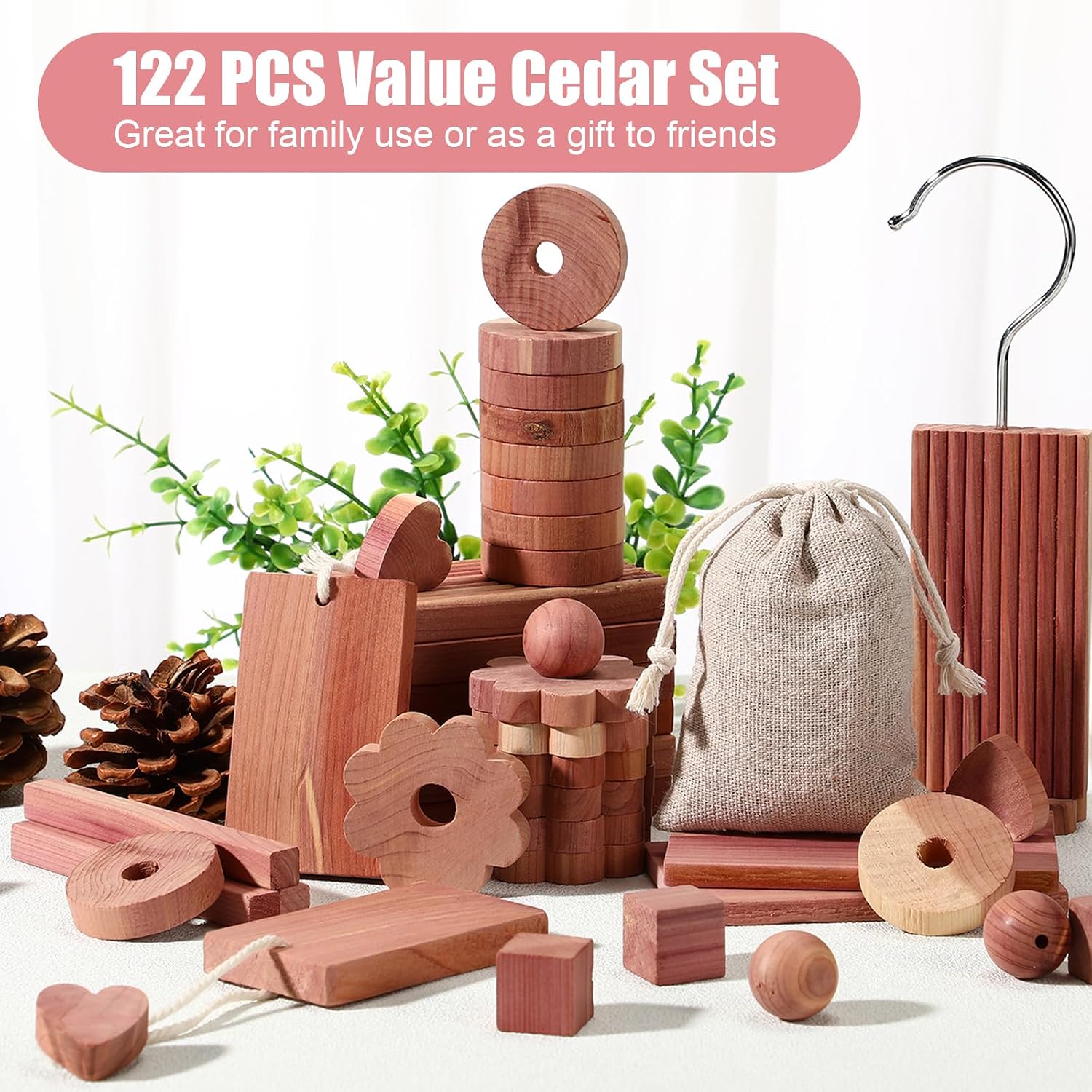 Geelin 122 Pcs Cedar Blocks for Clothes Storage Planks with Metal Hooks Cedar Chips Wood Balls and Rings Scented Sachets for Closet Drawer Shoe Cabinet Storage Bags