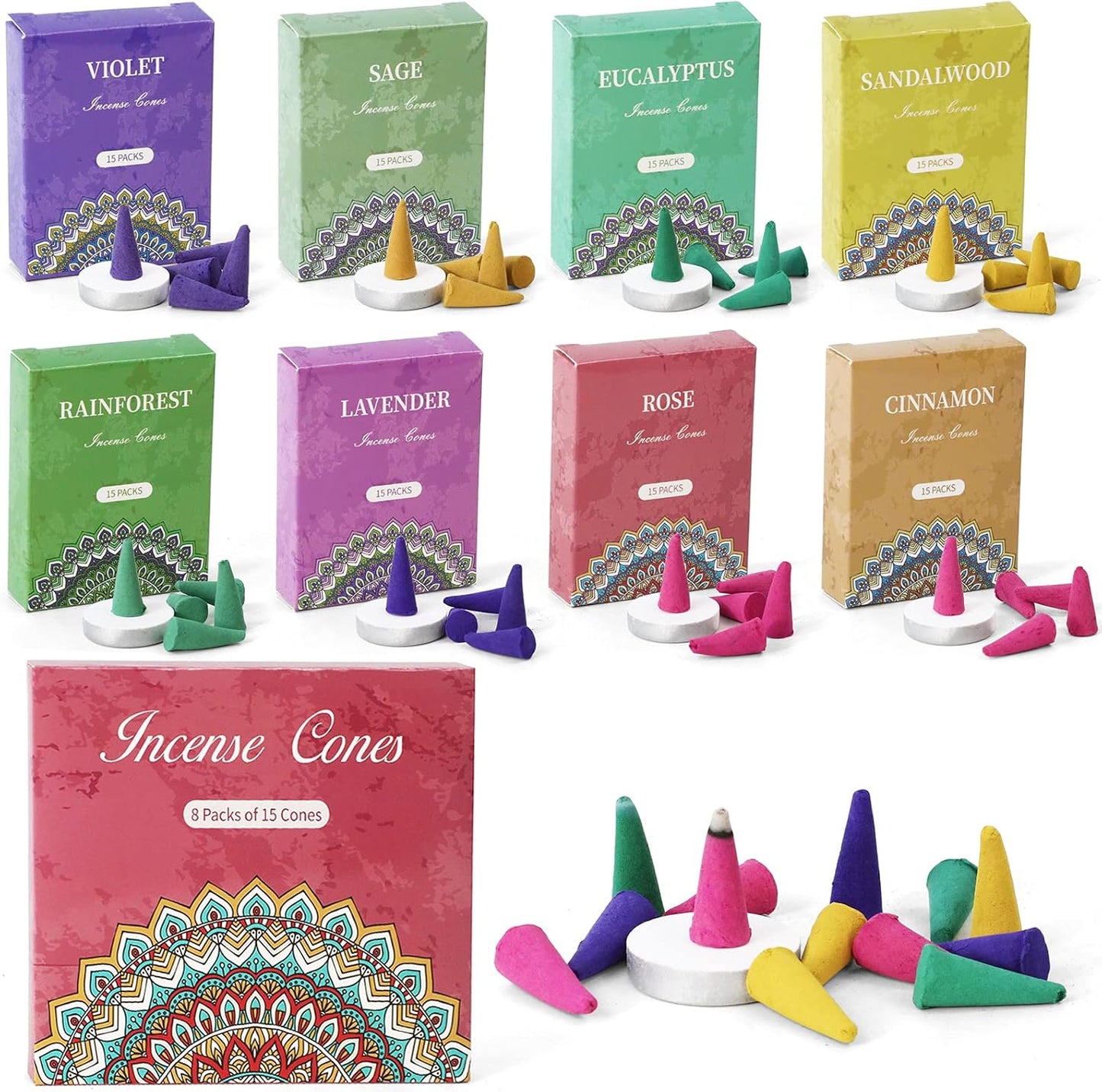 SCENTORINI Assorted Incense Variety Pack Gift Set with Holder - Scented Cones in Rose, Sage, Lavender, Violet, Cinnamon, Eucalyptus, Sandalwood, Rain Forest - 120 Cones Total