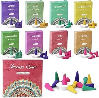 SCENTORINI Assorted Incense Variety Pack Gift Set with Holder - Scented Cones in Rose, Sage, Lavender, Violet, Cinnamon, Eucalyptus, Sandalwood, Rain Forest - 120 Cones Total