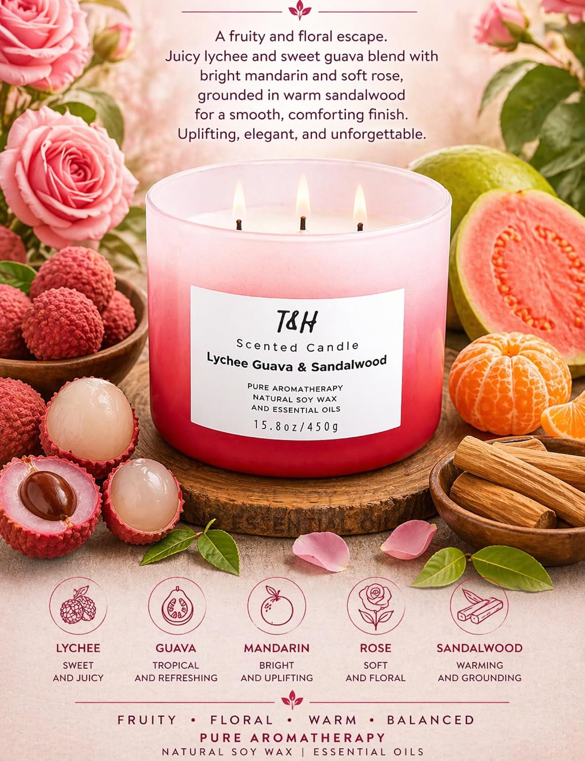 Lychee Guava Sandalwood 3 Wick Pink Scented Soy Summer Candle 15.8 oz | Sweet, juicy fruity tropical aromatherapy candle; clean burning, fills the room; candles for women; gift for girlfriend