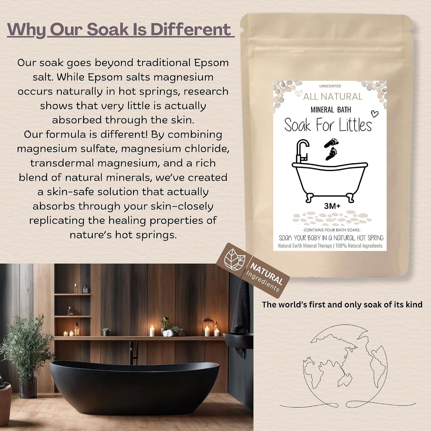 Soak for Littles: Mineral Bath Soak, 100% Organic Natural Earth Minerals,(Age 3m Plus) Better Than Oatmeal Bath Baby, Epsom, Oatmeal, or Kids Salts Baths, A Natural Hot Spring -4 Soaks