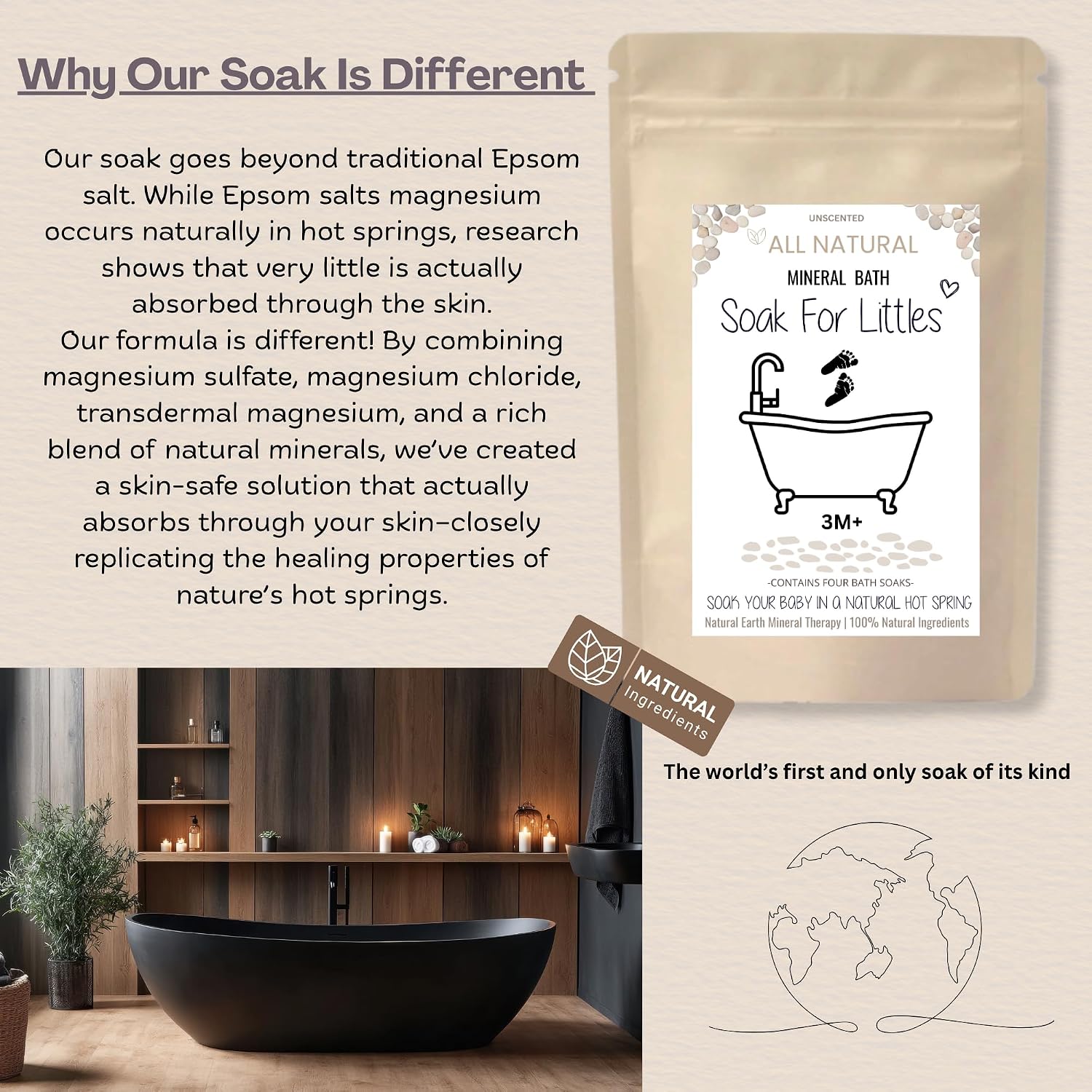 Soak for Littles: Mineral Bath Soak, 100% Organic Natural Earth Minerals,(Age 3m Plus) Better Than Oatmeal Bath Baby, Epsom, Oatmeal, or Kids Salts Baths, A Natural Hot Spring -4 Soaks